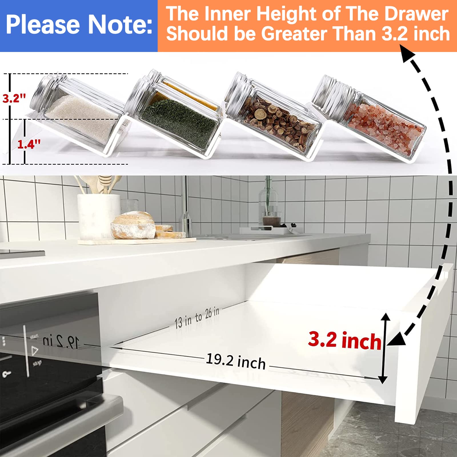 Clear Acrylic Spice Drawer Organizer, 4 Tier- 2 Set Expandable From 33 cm to 66 cm Seasoning Jars Drawers Insert, Kitchen Spice Rack Tray for Drawer/Countertop (Jars and Labels not included)