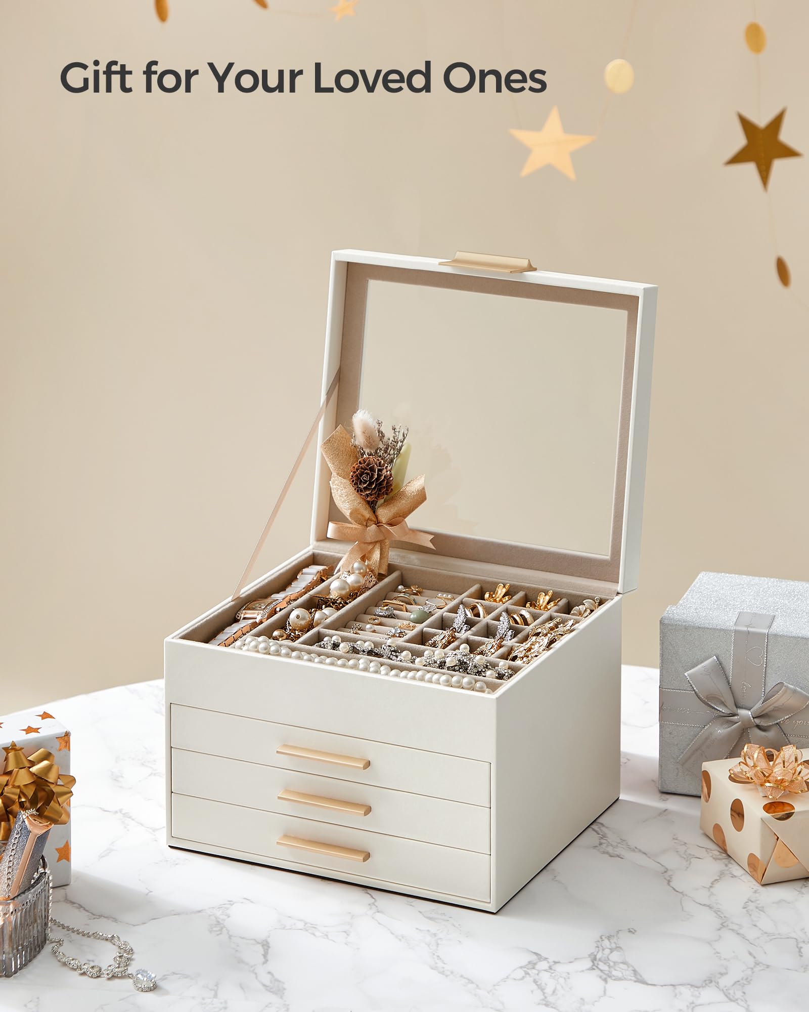 SONGMICS Jewelry Box with Glass Lid, 3-Layer Jewelry Organizer, 2 Drawers, for Big and Small Jewelry, Jewelry Storage, Modern Style, 8 x 9.1 x 5.3 Inches, Cloud White and Gold Color UJBC239WT