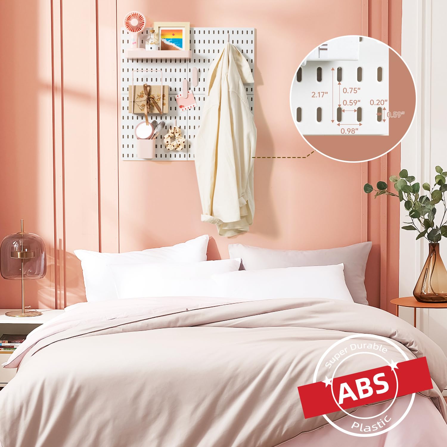 VUSIGN Pegboard Combination Wall Organizer Kit, 4 Pieces Pegboards and 17 Accessories Modular Hanging, Wall Mount Display Peg Board Panel Kits for Bedroom, Home, Office, Bathroom, 22" x 22", Pink