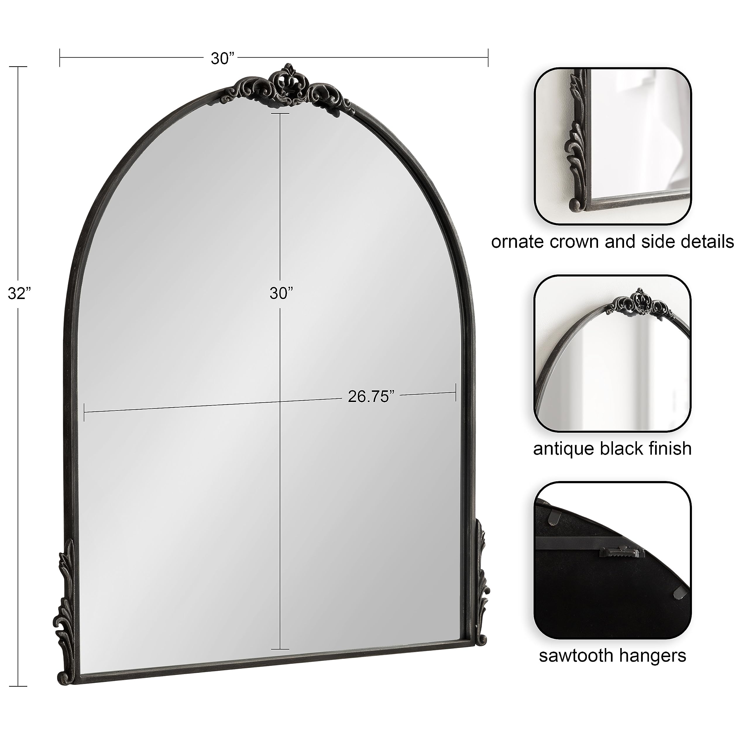 Kate and Laurel Myrcelle Traditional Arched Mirror, 25 x 33, Gold, Decorative Large Arch Mirror with Ornate Garland Detailing Along The Crown and Edges of The Frame