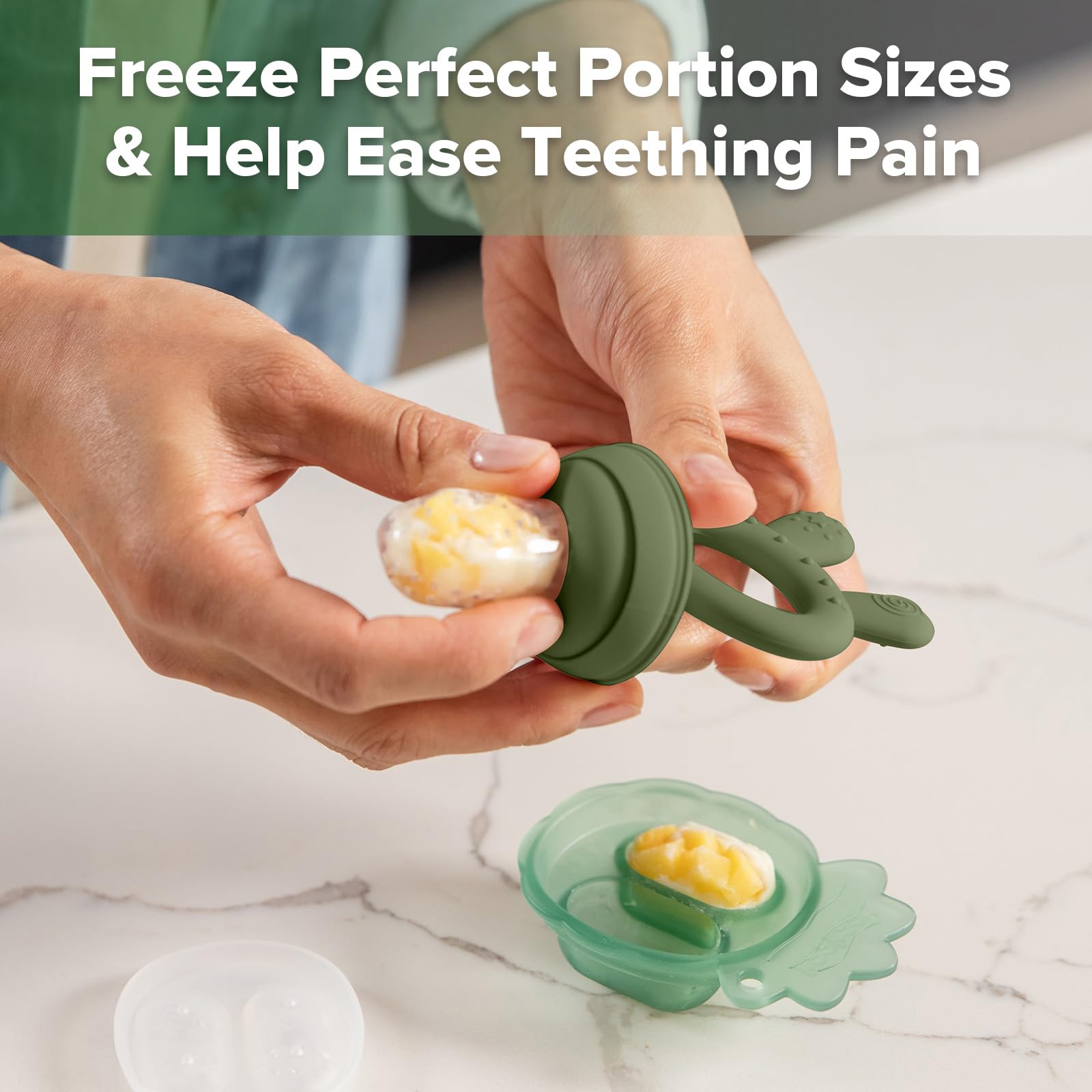 Haakaa Baby Fruit Food Feeder & Mini Freezer Nibble Tray Combo, Breastmilk Popsicle Molds for Cooling Relief, BPA Free Silicone Feeder for Safe Infant Self Feeding, 4 Month+ (Pea Green)