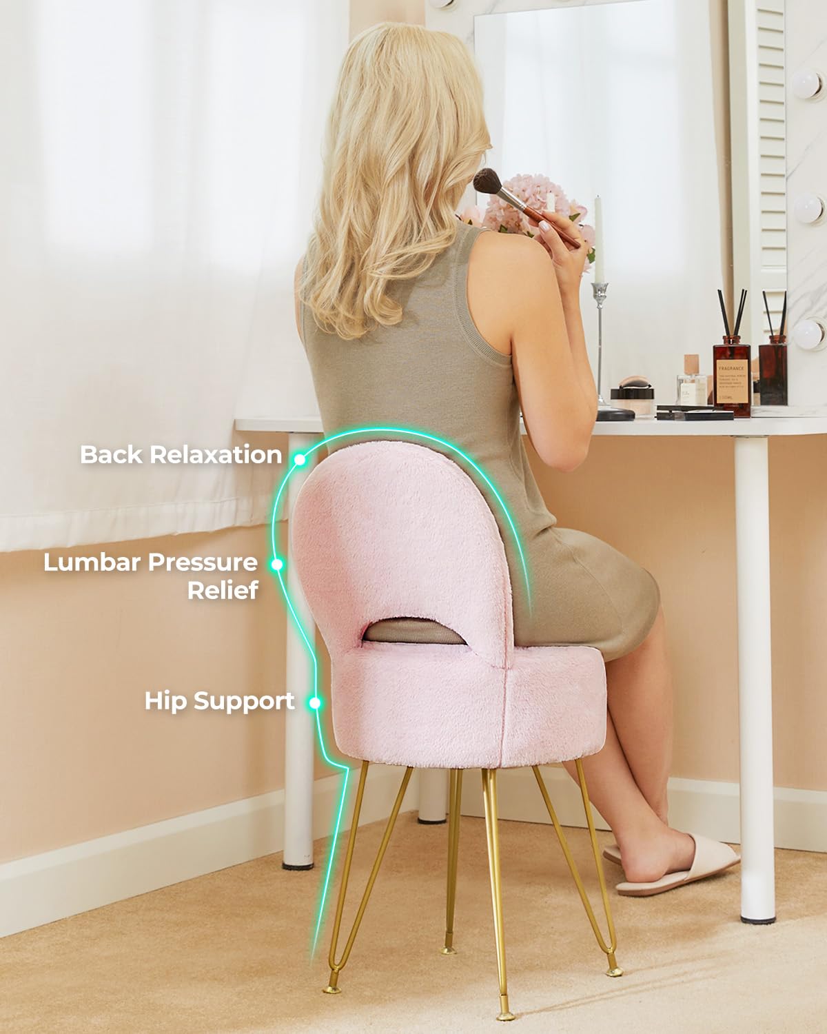 Greenstell Vanity Stool with Foldable Back, Vanity Chair with Storage, 13" Dx 27.7" H Faux Fur Soft Ottoman, 4 Metal Legs with Anti-Slip Feet, Small Furry Padded Seat for Makeup, Bedroom, White