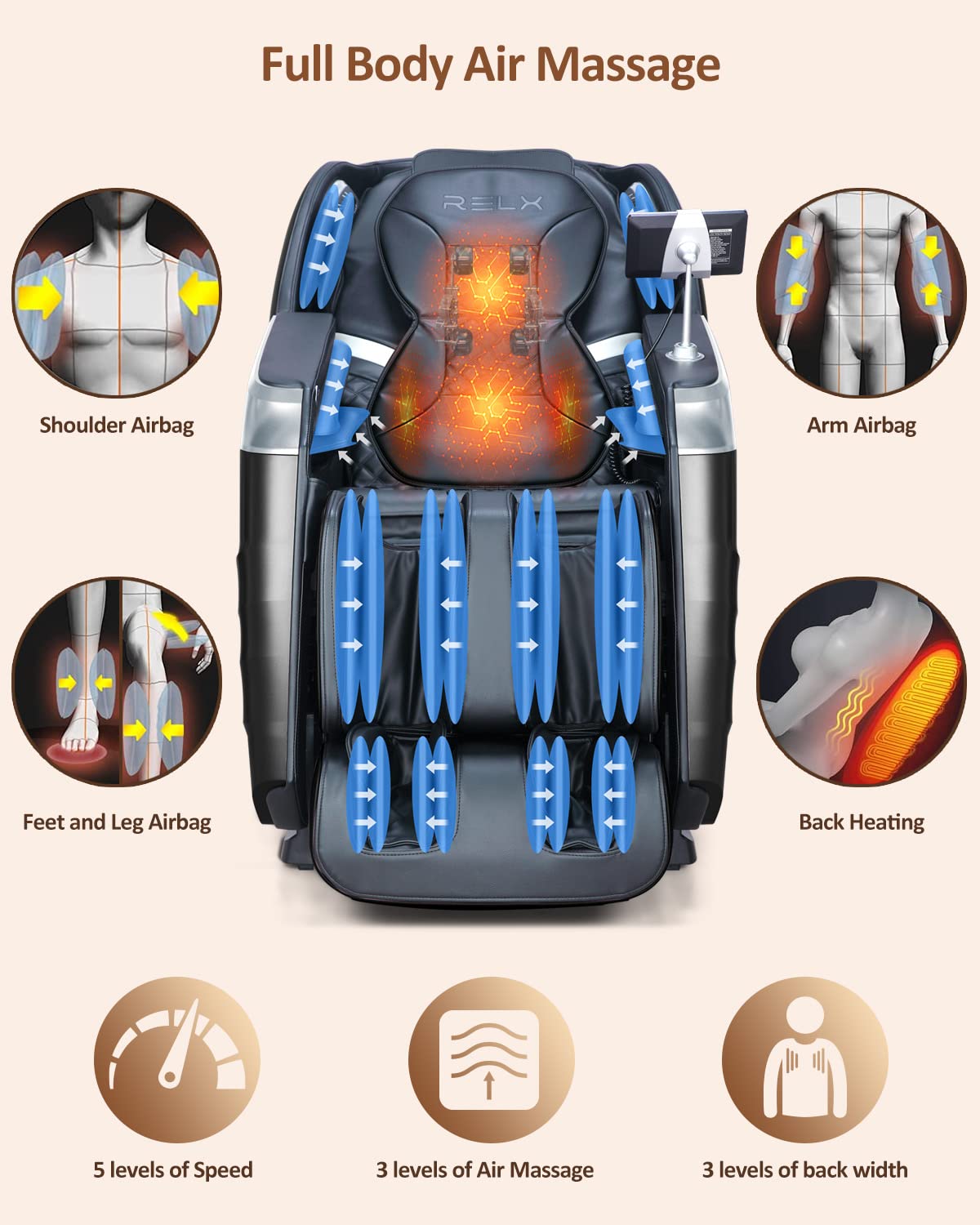 RELX Massage Chair Full Body Zero Gravity SL-Track Shiatsu Massage Chair, 12 Modes, Airbag Massage, with Yoga Stretch, Foot Massage, AI Control (Cream)
