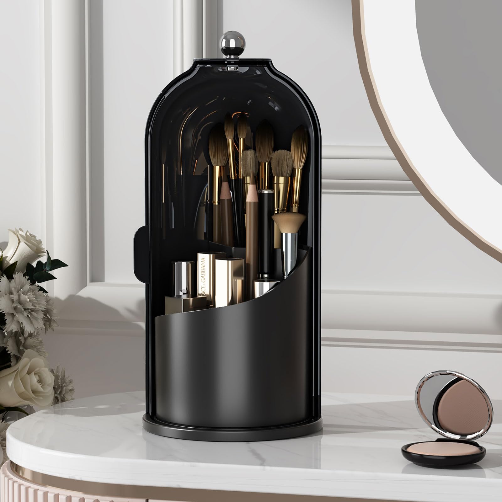 Makeup Brush Holder Organizer with Lid,360 Rotating Clear Dustproof Makeup Brushes Organizer for Vanity Desktop Bathroom Countertop (Transparent)