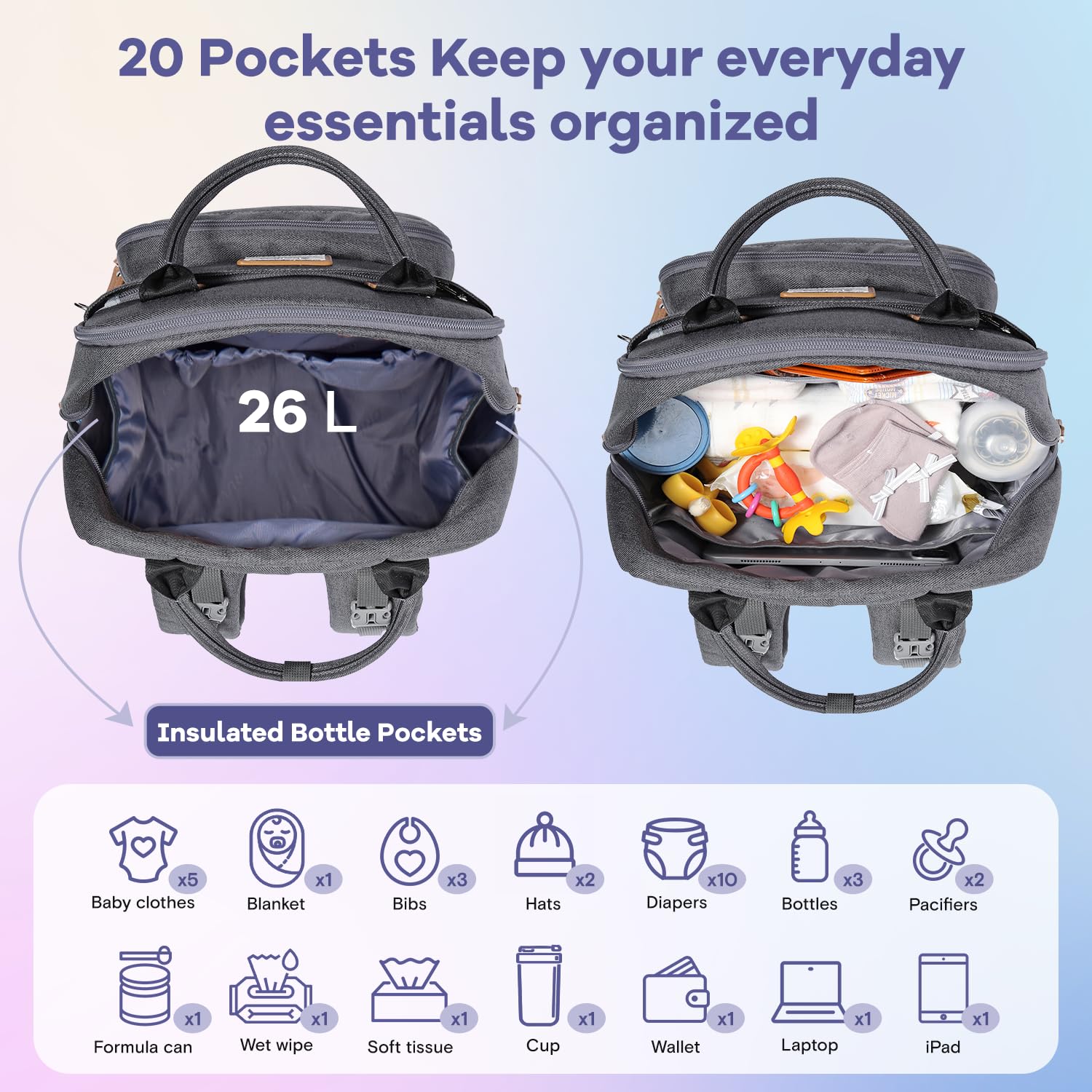 RUVALINO Diaper Bag Backpack, Multifunction Travel Pack Maternity Baby Changing Bags, Large Capacity, Waterproof, Beige