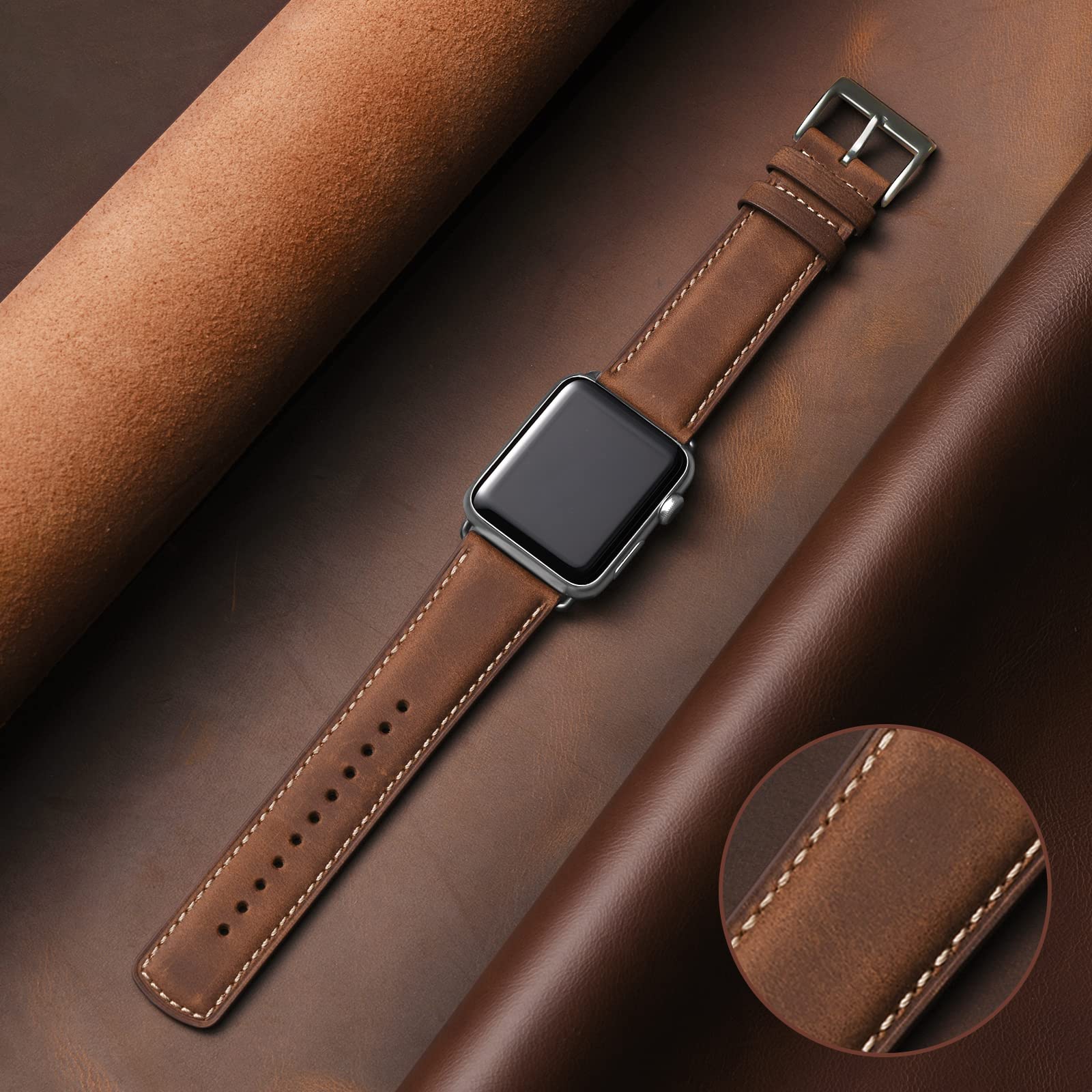 Bestig Compatible with Apple Watch Band 49mm 46mm 45mm 44mm 42mm(Series 3 2 1) Apple Watch Leather Bands Genuine Leather for iWatch Strap Ultra Series 10 9 8 7 6 5 4 SE Women Man-Redbrown/Black