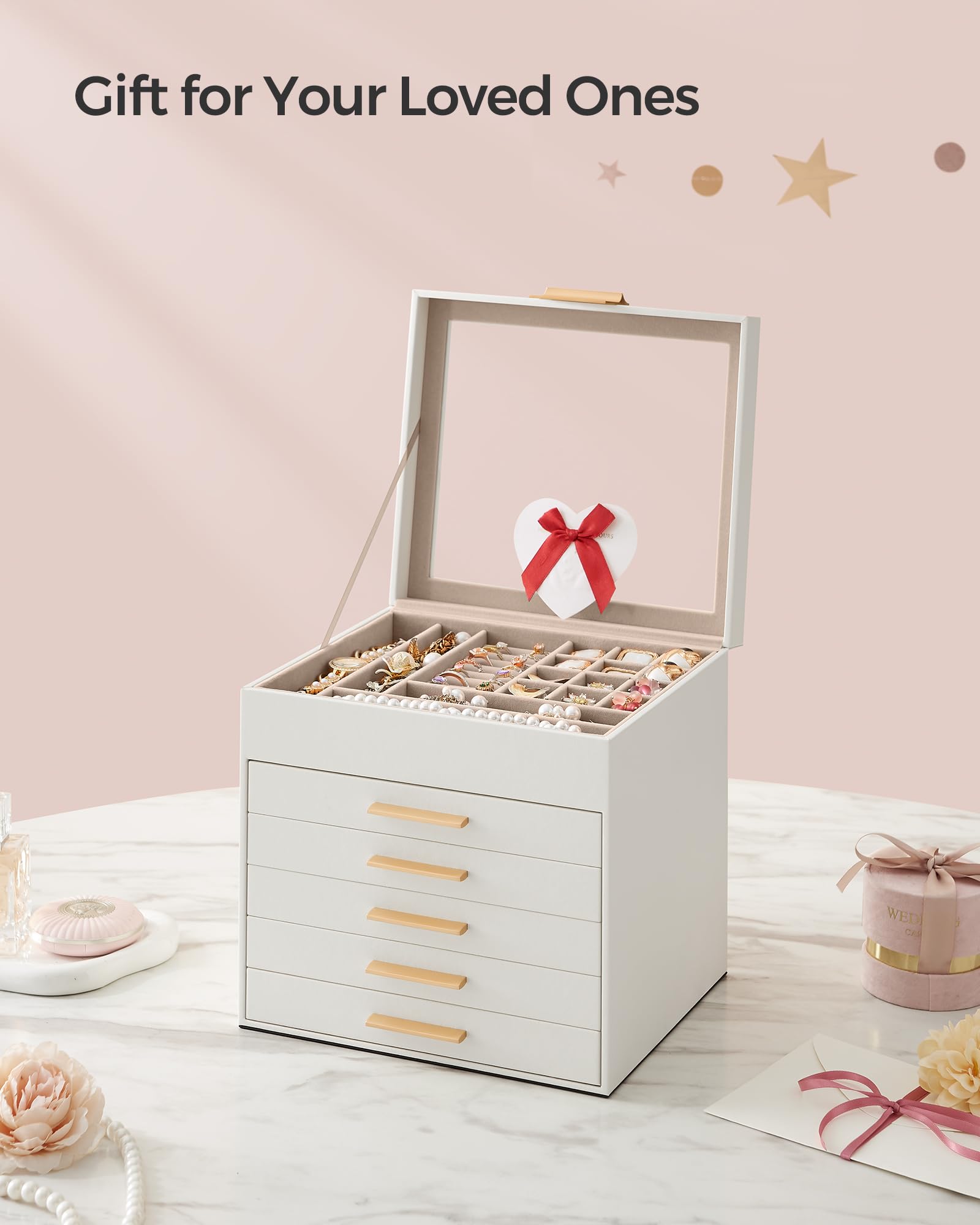 SONGMICS Jewelry Box with Glass Lid, 3-Layer Jewelry Organizer, 2 Drawers, for Big and Small Jewelry, Jewelry Storage, Modern Style, 8 x 9.1 x 5.3 Inches, Cloud White and Gold Color UJBC239WT