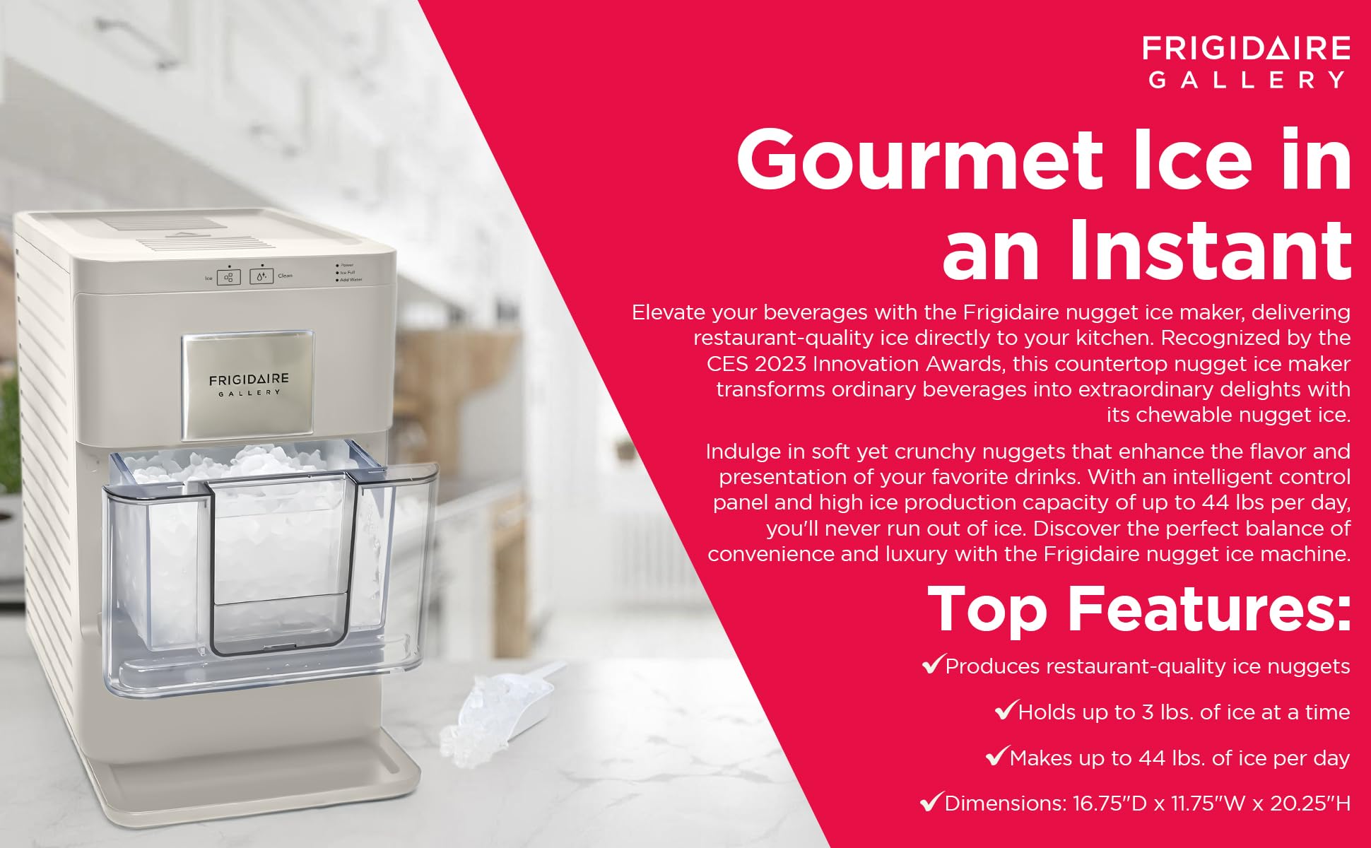 Frigidaire Nugget Ice Maker, Countertop Ice Machine with Transparent Window, Sonic Ice Maker with 44 lbs. Capacity, Auto Self Cleaning Ice Maker Machine, 2.0 Gen, Cream - 16.75D x 11.75W x 20.25H