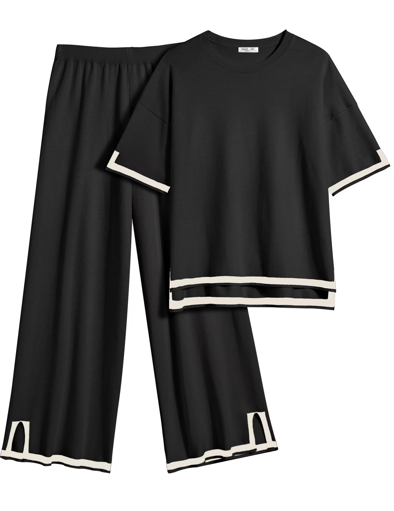 Ekouaer Lounge Set for Women 2 Piece Sets Loungewear Set Outfits Knit Sweater Sets Wide Leg Long Pants Pajama Set