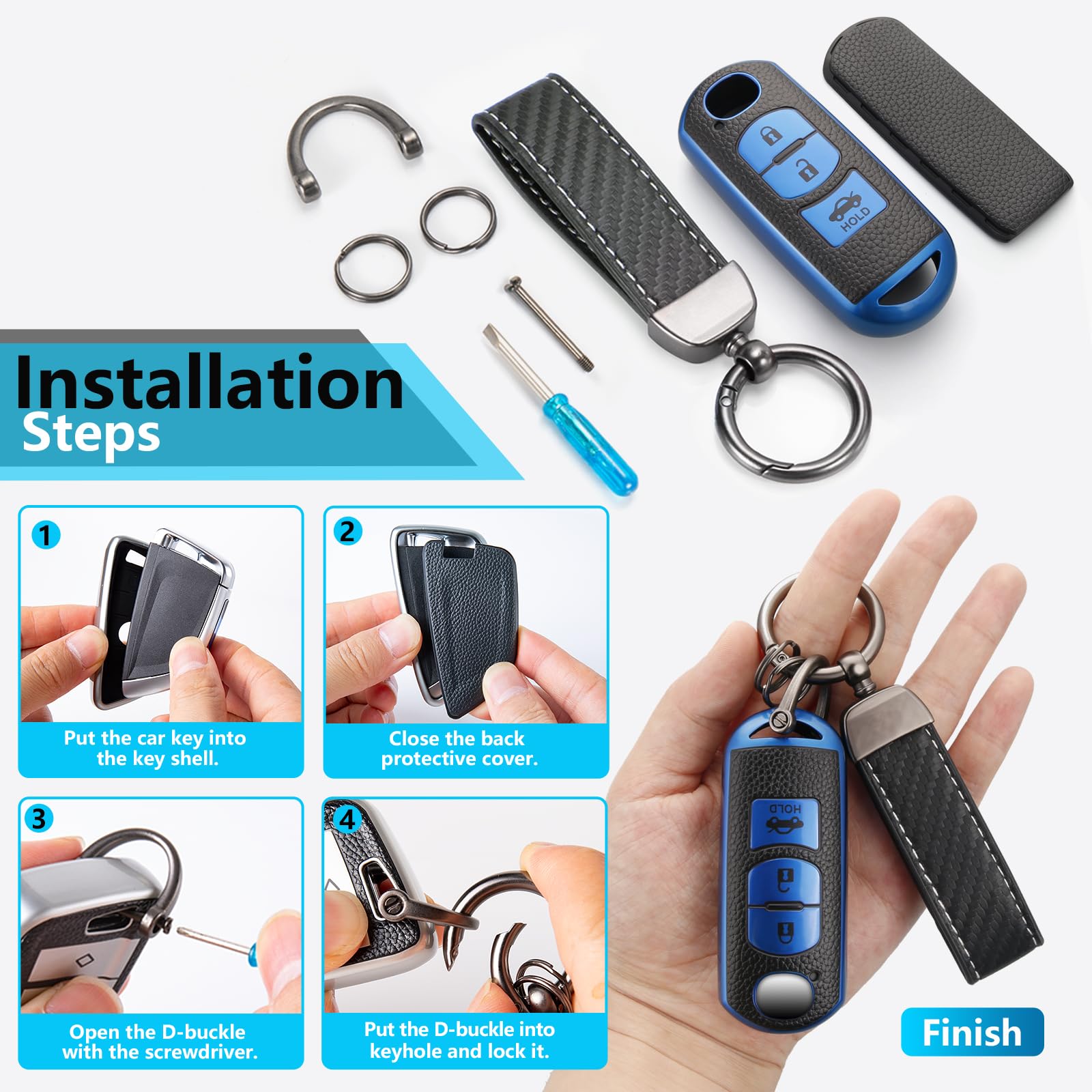 Cadillac Key Fob Cover with Metal Braided Rope Keychain, Upgraded Soft Key Case for 2015-2019 Escalade CTS SRX XT5 ATS STS CT6 (5 Button) (Gold Edge)