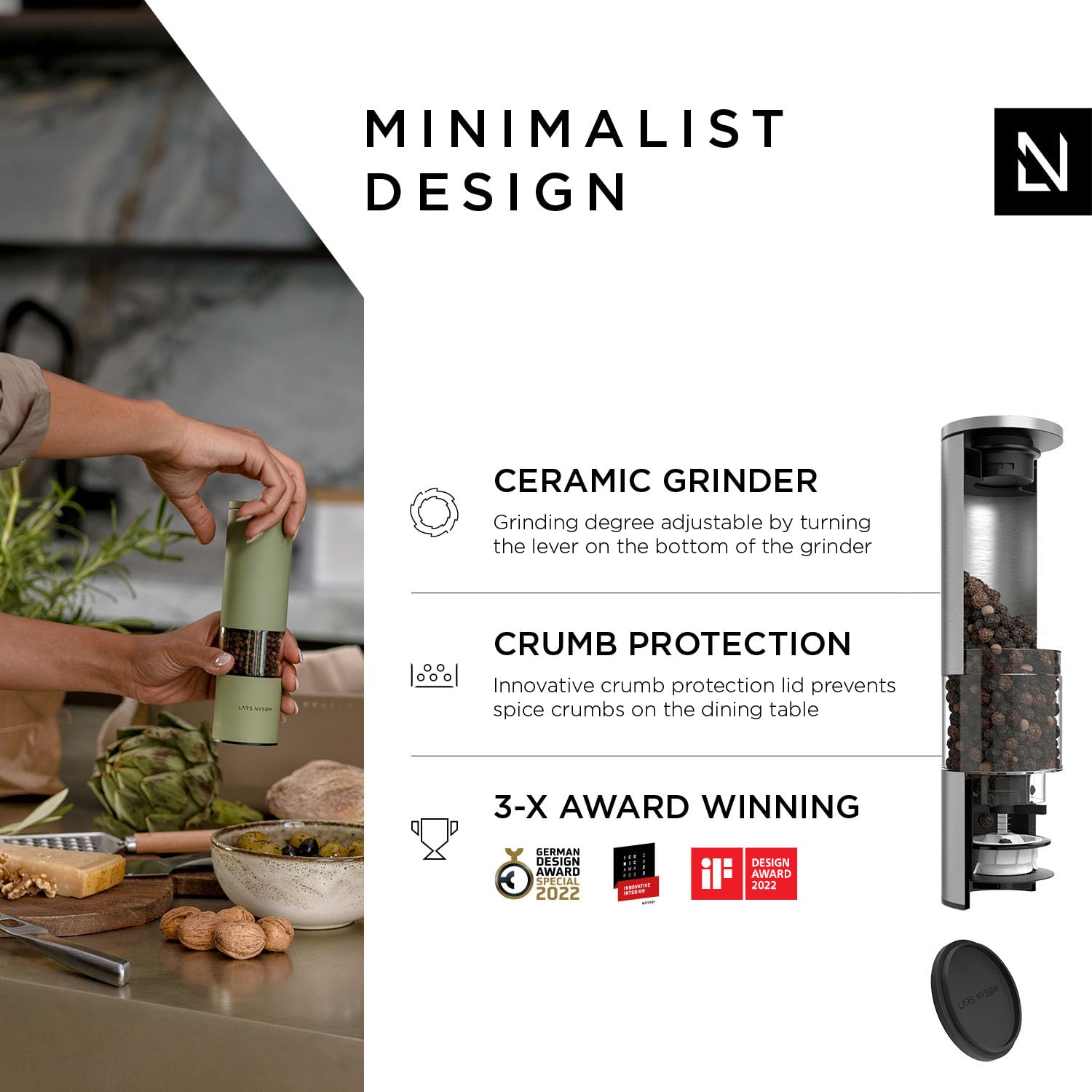 LARS NYSØM Salt and Pepper Mills Set Stainless Steel with Adjustable Ceramic Grinder 2 Pieces I Design Spice Mills Set Manual (Brown/Beige)