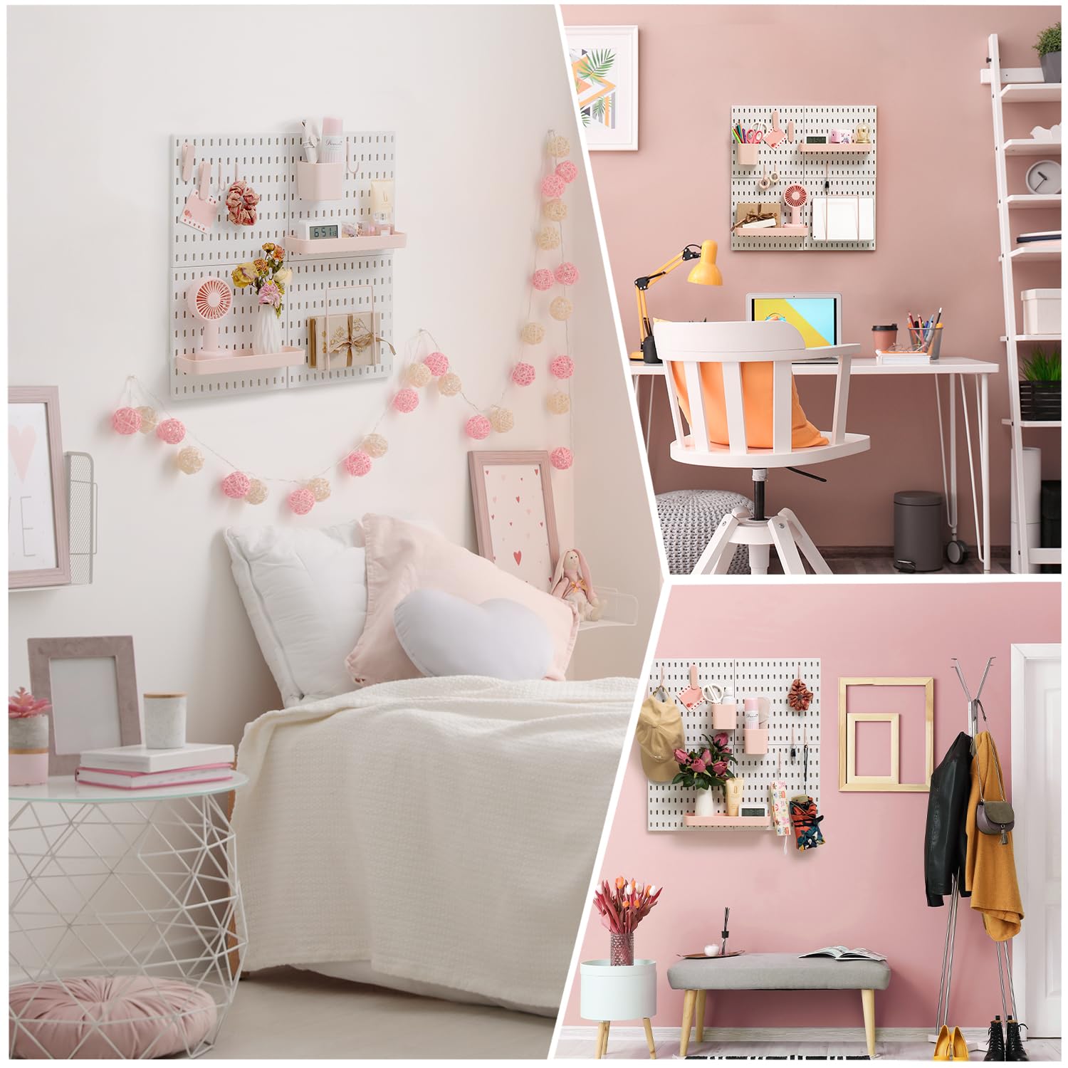 VUSIGN Pegboard Combination Wall Organizer Kit, 4 Pieces Pegboards and 17 Accessories Modular Hanging, Wall Mount Display Peg Board Panel Kits for Bedroom, Home, Office, Bathroom, 22" x 22", Pink