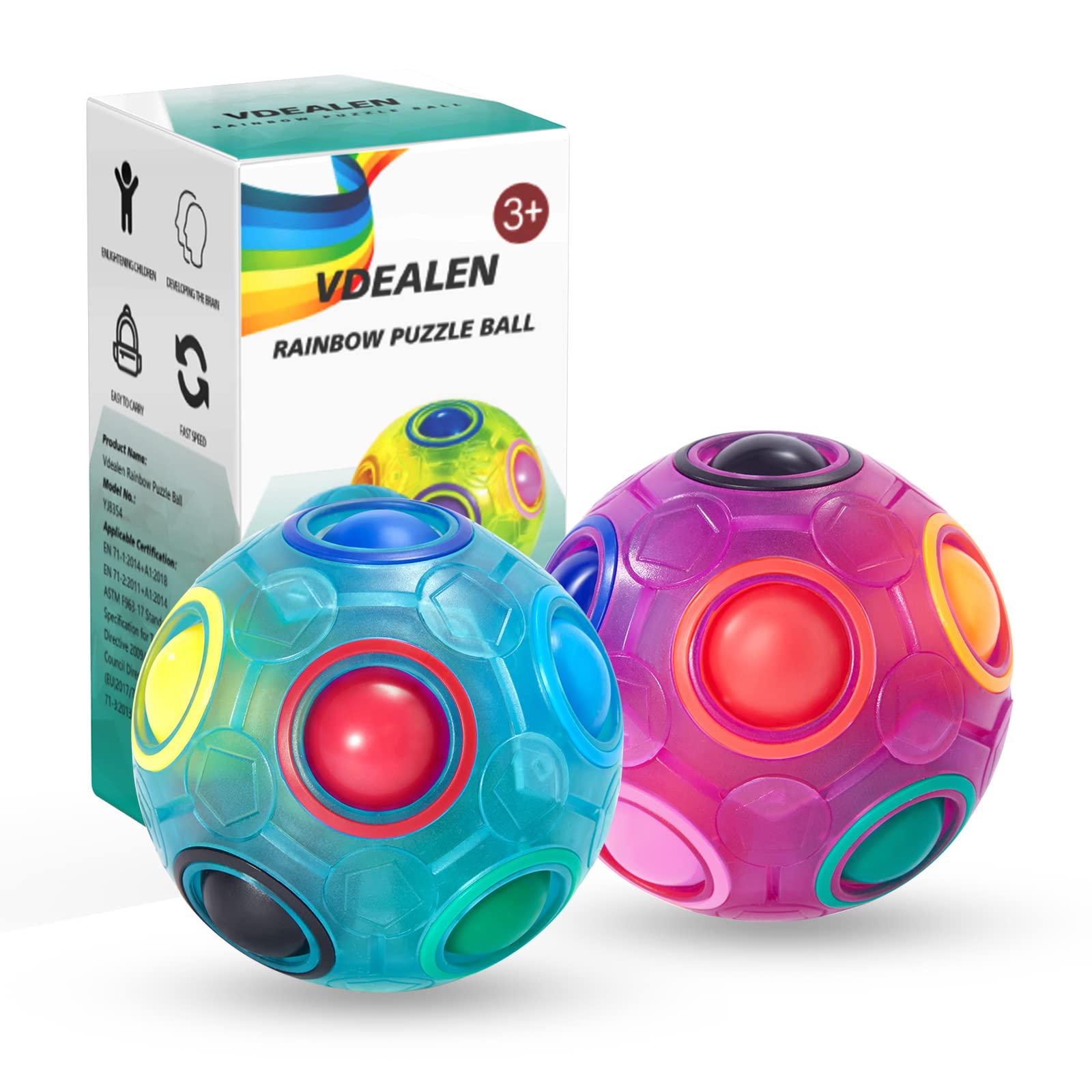 Vdealen Magic Rainbow Puzzle Ball- Fidget Ball Puzzle Game- Brain Teaser Toy for Boys & Girls- Birthday Party Christmas Easter Gift Stocking Stuffers Toy for Kids Teens Adults- 2 Pack