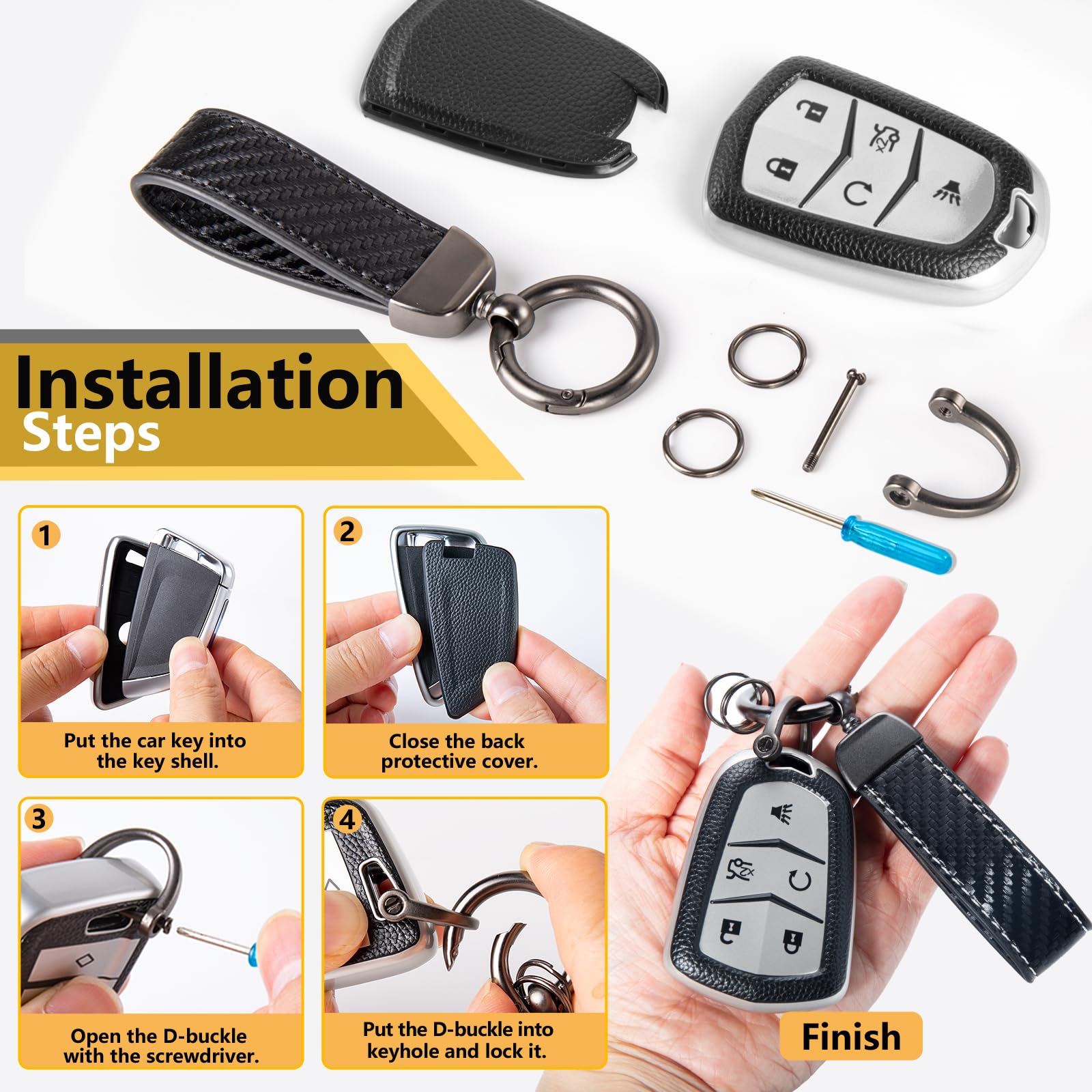 Cadillac Key Fob Cover with Metal Braided Rope Keychain, Upgraded Soft Key Case for 2015-2019 Escalade CTS SRX XT5 ATS STS CT6 (5 Button) (Gold Edge)