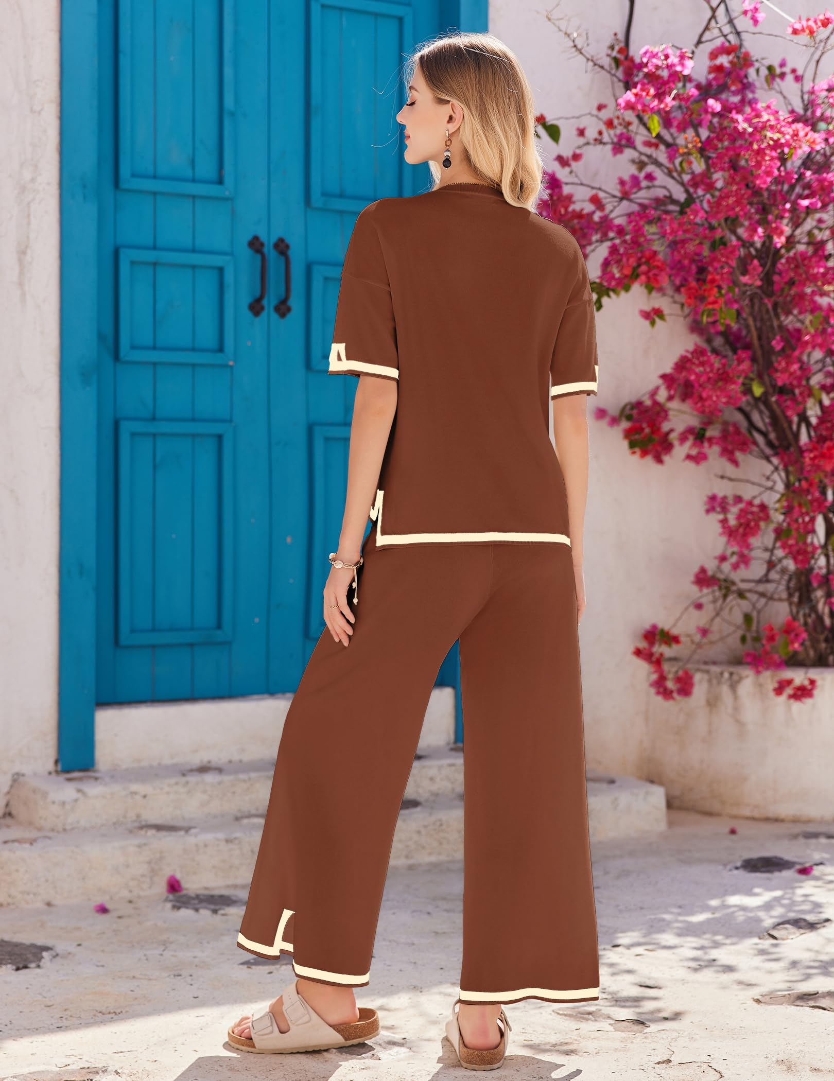 Ekouaer Lounge Set for Women 2 Piece Sets Loungewear Set Outfits Knit Sweater Sets Wide Leg Long Pants Pajama Set