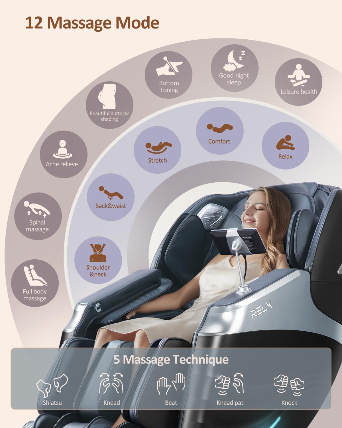 RELX Massage Chair Full Body Zero Gravity SL-Track Shiatsu Massage Chair, 12 Modes, Airbag Massage, with Yoga Stretch, Foot Massage, AI Control (Cream)