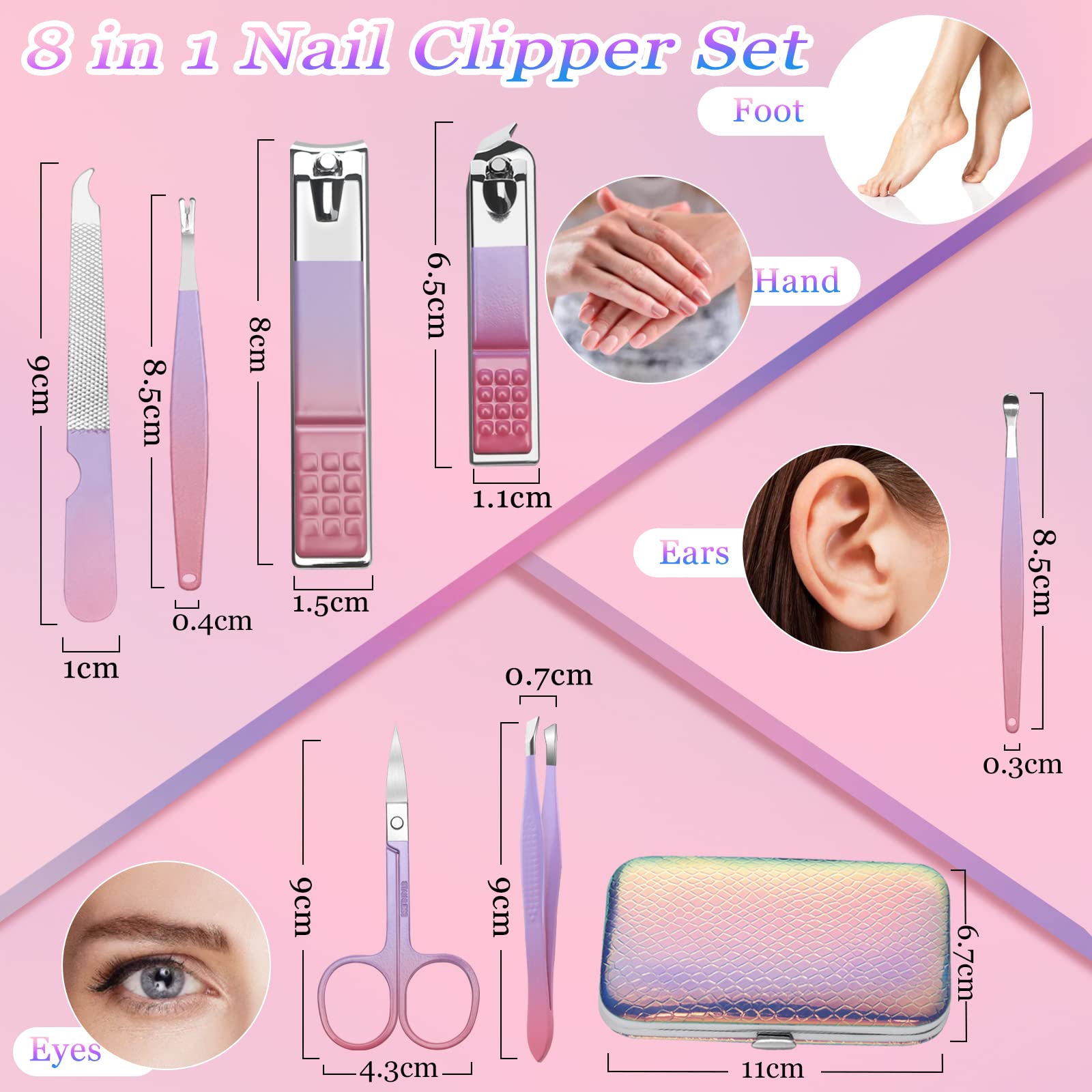 Manicure Set Professional Grooming Kits, Nail Clippers Pedicure Kit 8pcs Nail Kit Pedicure Set Tools with Aceoce Travel Case for Women Men Home or Salon Gift