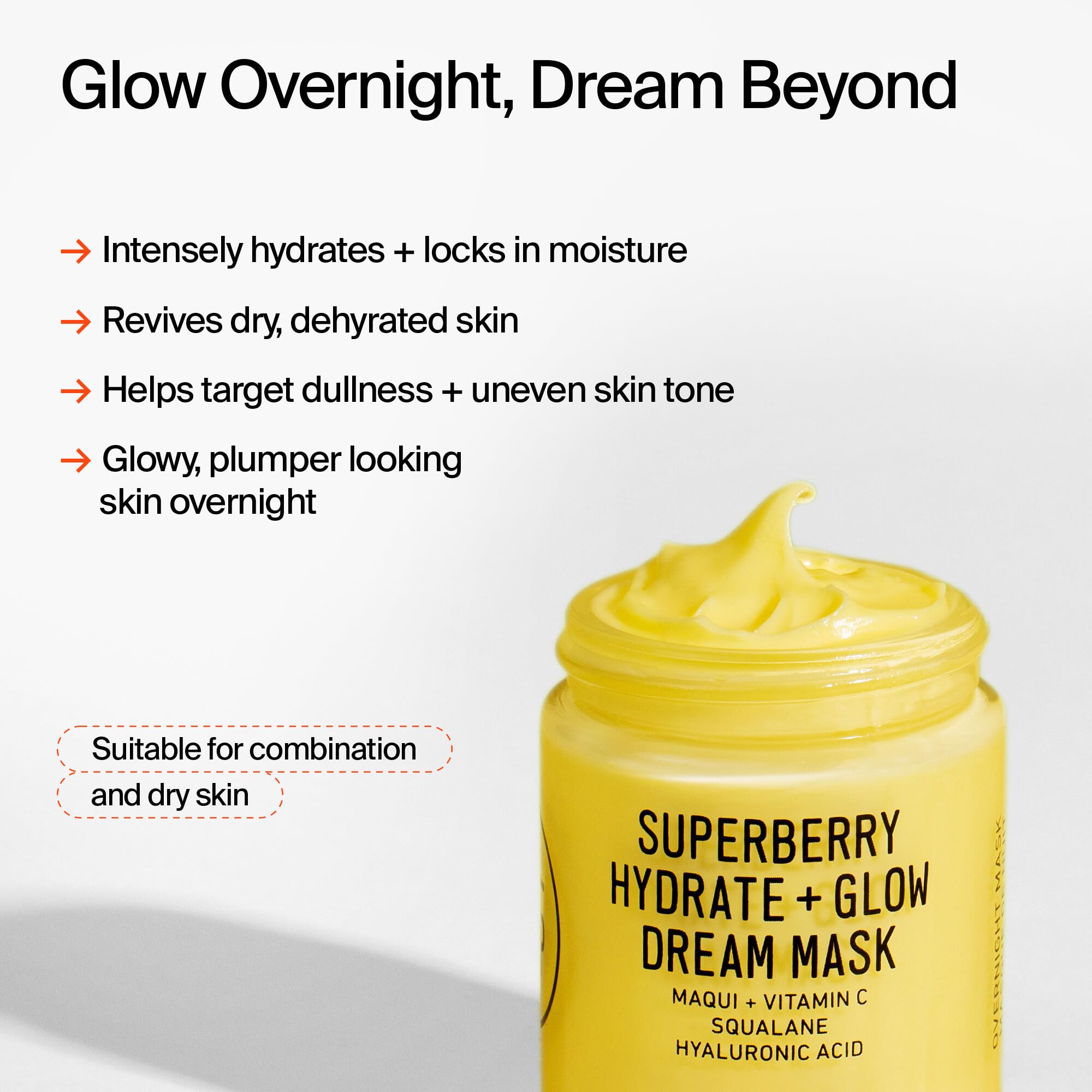 YTTP Hydrate + Glow Dream Overnight Face Mask - Brightening Skin Care Cream & Moisturizing Facial Mask with Hyaluronic Acid, Vitamin C & Squalane Oil for Even Skin Tone - Vegan Skincare (2oz)
