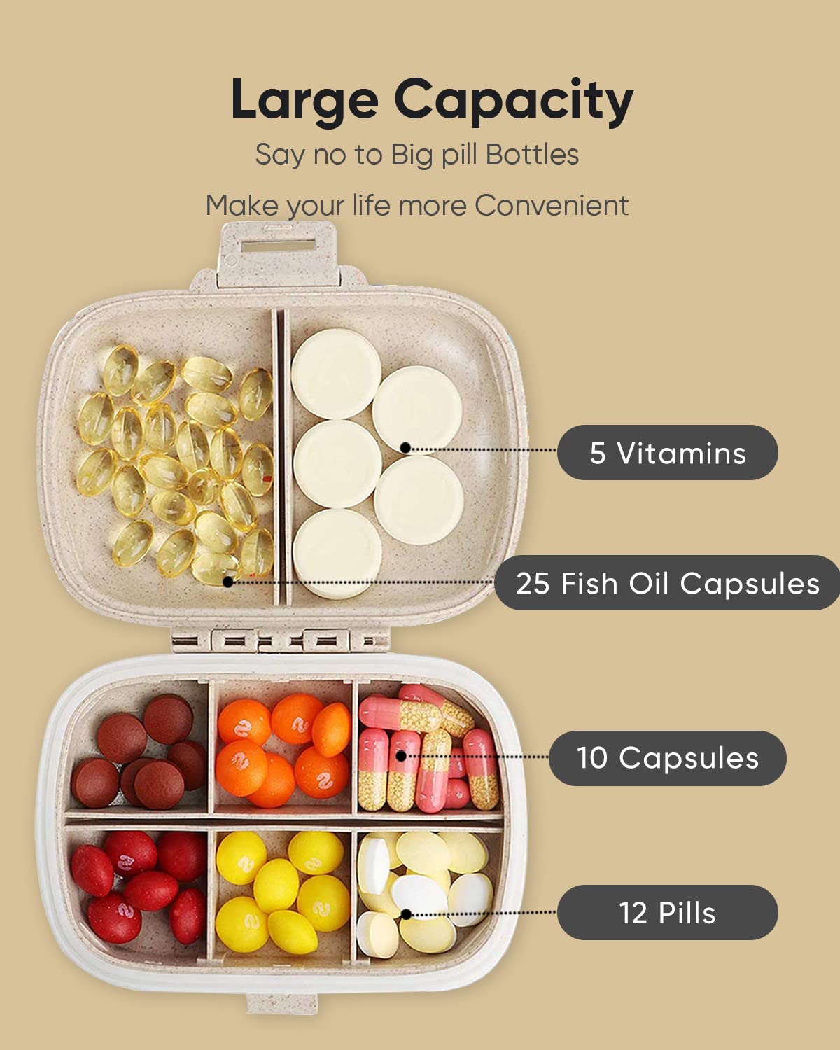 Holii Travel Pill Organizer, 8 Compartments Portable Pill Case, Daily Pill Box to Hold Vitamins, Small Pill Container for Pocket Purse Medicine Organizer(Khaki)