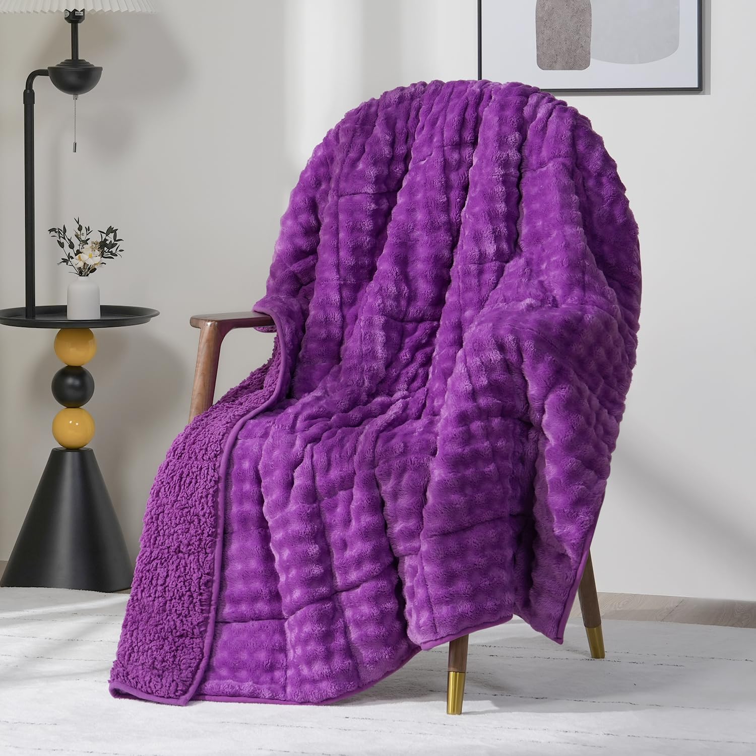 Cottonblue Weighted Blanket 15lbs Bubble Faux Fur Plush Sherpa Weighted Blankets for Adults, Fits Queen Size Bed, Cute Fuzzy Warm Heavy Blanket for Calm and Better Sleep, 60"x80", Cream White