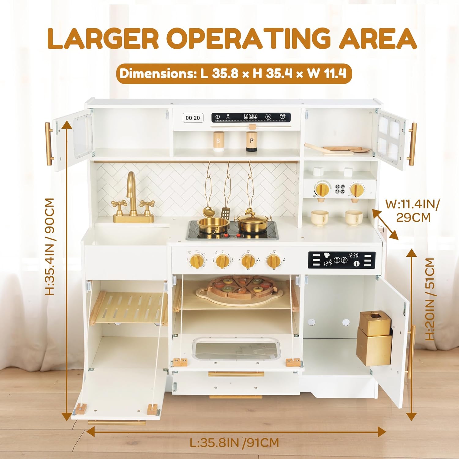 Interactive Wooden Play Kitchen Set for Kids: Realistic Features with Extended Storage and 15 pcs Kitchen Accessories, Ideal Pretend Playset Gift for Toddlers and Children Ages 3+