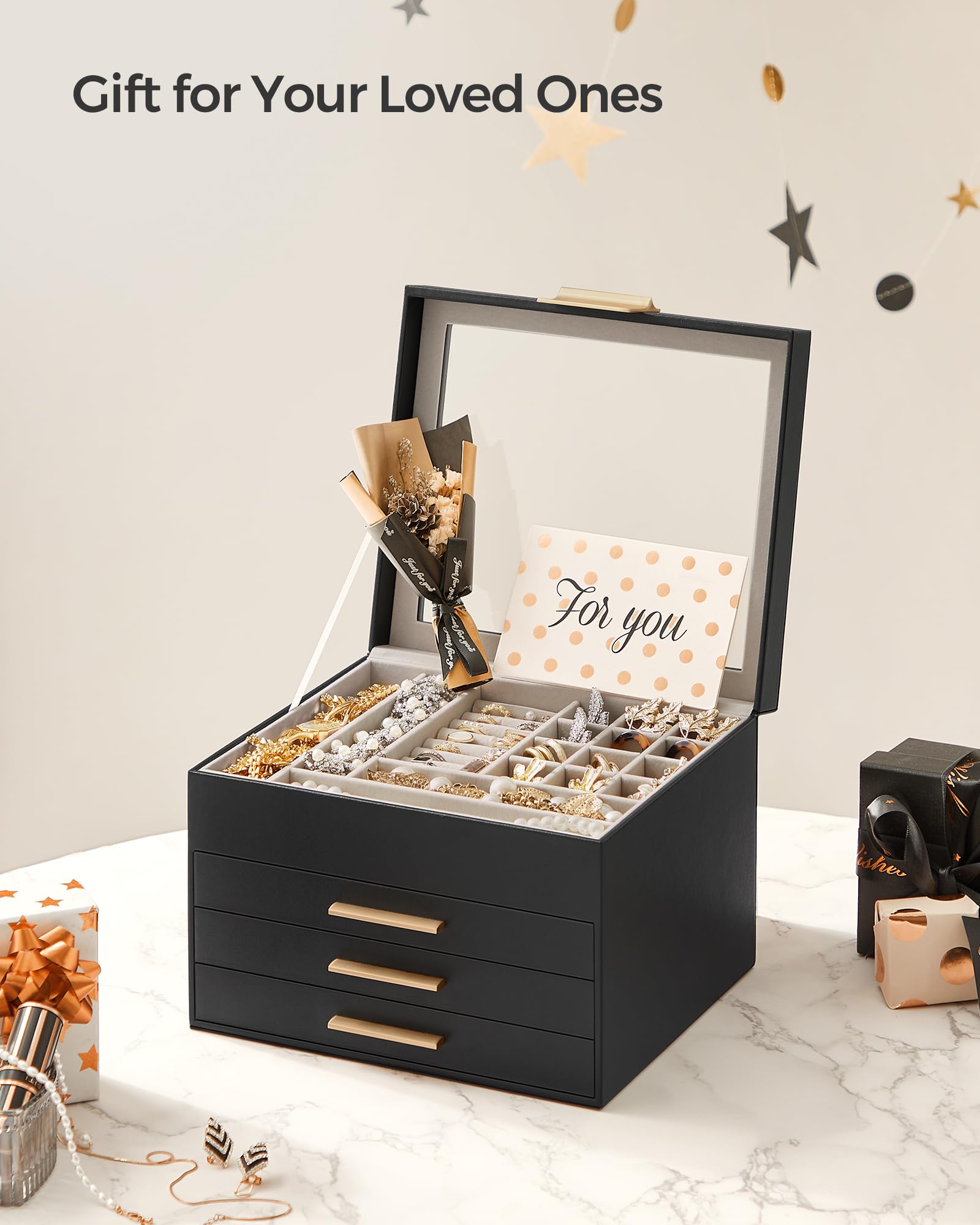 SONGMICS Jewelry Box with Glass Lid, 3-Layer Jewelry Organizer, 2 Drawers, for Big and Small Jewelry, Jewelry Storage, Modern Style, 8 x 9.1 x 5.3 Inches, Cloud White and Gold Color UJBC239WT