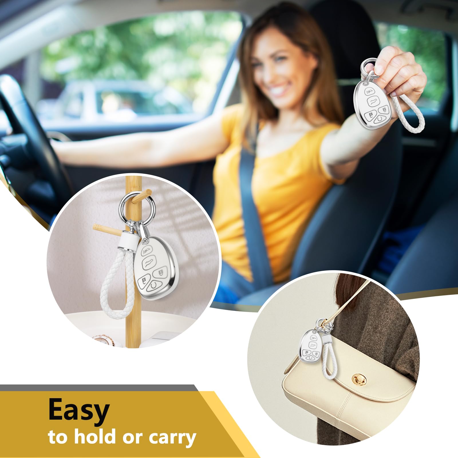 Cadillac Key Fob Cover with Metal Braided Rope Keychain, Upgraded Soft Key Case for 2015-2019 Escalade CTS SRX XT5 ATS STS CT6 (5 Button) (Gold Edge)