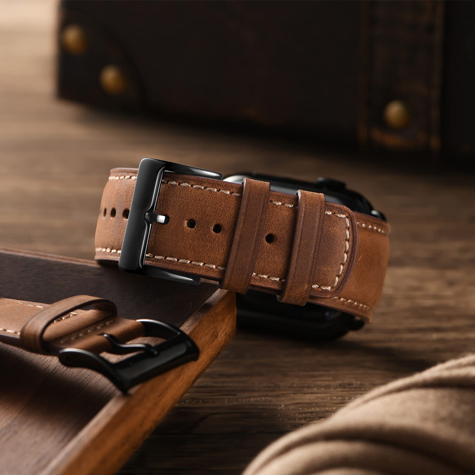 Bestig Compatible with Apple Watch Band 49mm 46mm 45mm 44mm 42mm(Series 3 2 1) Apple Watch Leather Bands Genuine Leather for iWatch Strap Ultra Series 10 9 8 7 6 5 4 SE Women Man-Redbrown/Black