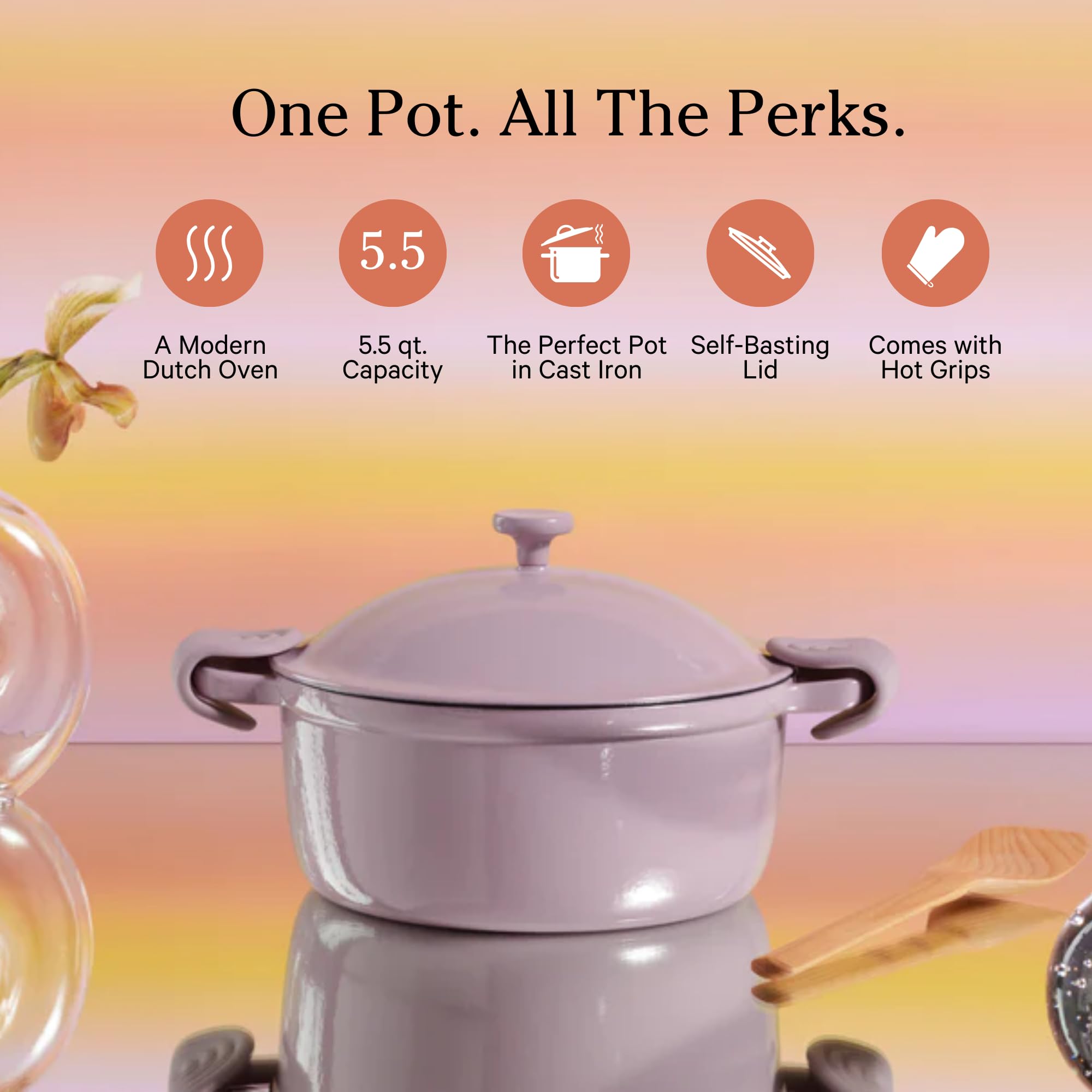 Our Place Cast Iron Perfect Pot | 6-in-1 Multifunctional 5.5 Qt. Toxin-Free Enameled Dutch Oven with Self-Basting Lid | Hot Grips & Beechwood Scraper | Induction Cooktop and Oven Safe | Spice