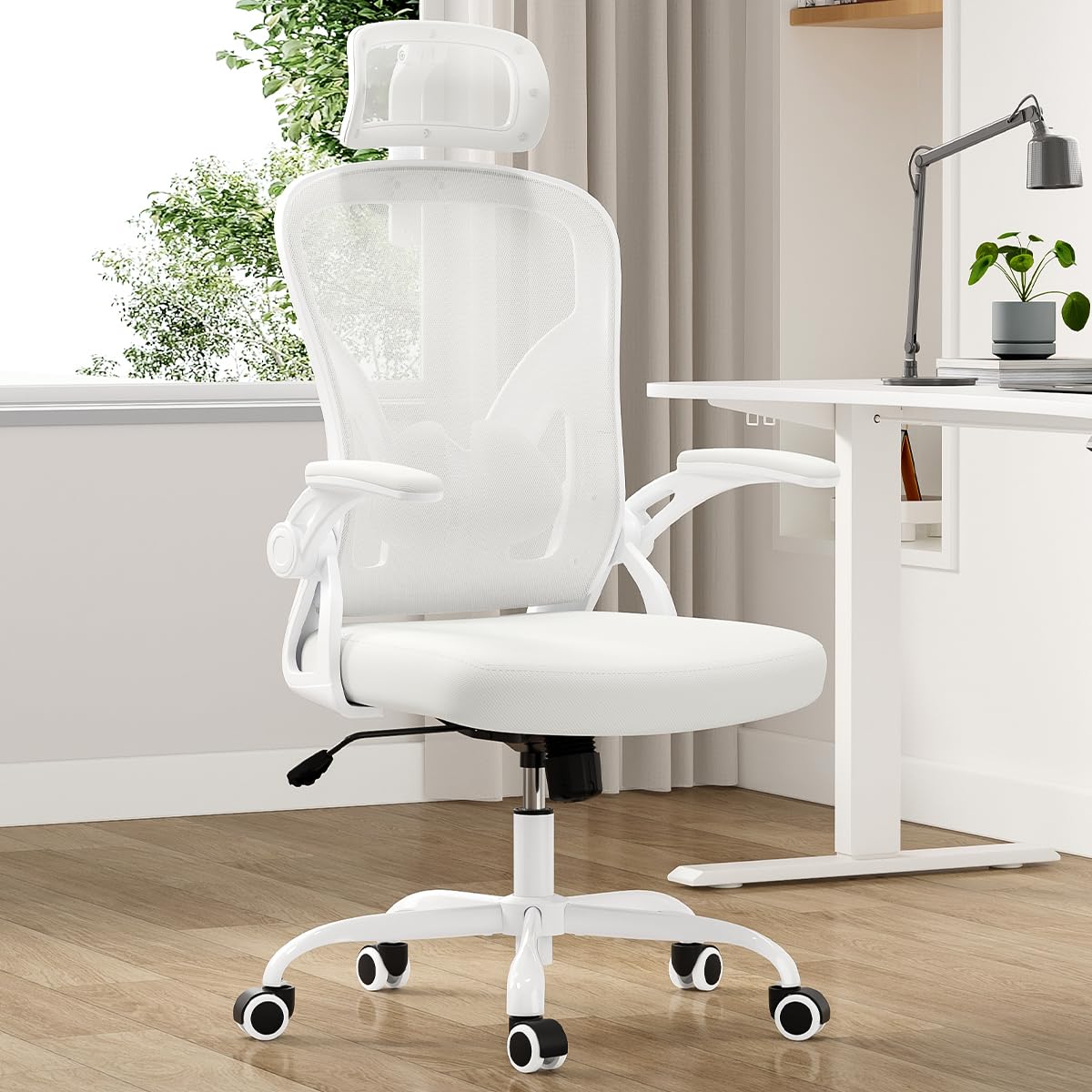 Farini Ergonomic Office Chair, Home Office Desk Chair with Headrest, High Back Computer Chair with Flip-up Armrests and Adjustable Lumbar Support for Home Office Study Bedroom, Khaki.