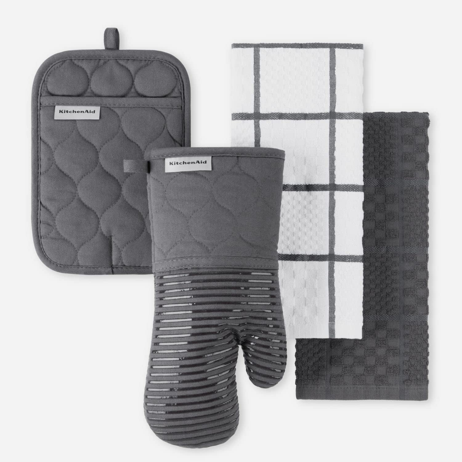 KITCHENAID Quilted Cotton Terry Cloth Oven Mitt, Pot Holder, Kitchen Towel 4-Pack Set, Heat Resistant, Silicone Grip, Gift Set, Milkshake, 16"x26", 7"x13" & 7"x10"