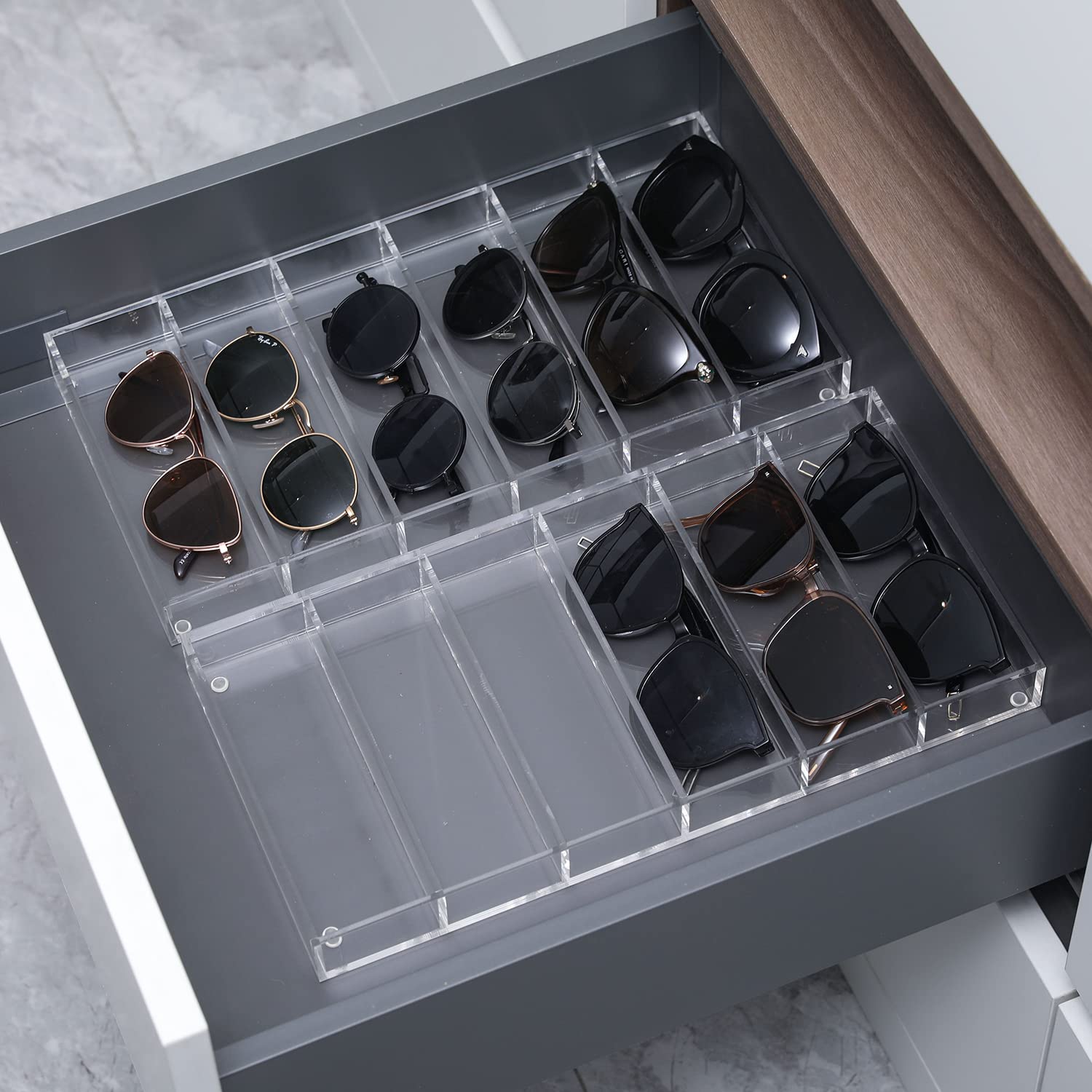 MyGift Premium Clear Acrylic Sunglass Holder Display Tray with 6 Compartments, Drawer Organizer Storage Case for Sunglasses, Reading Glasses, Eyewear, Jewelry, Makeup and Perfume Vanity Tray