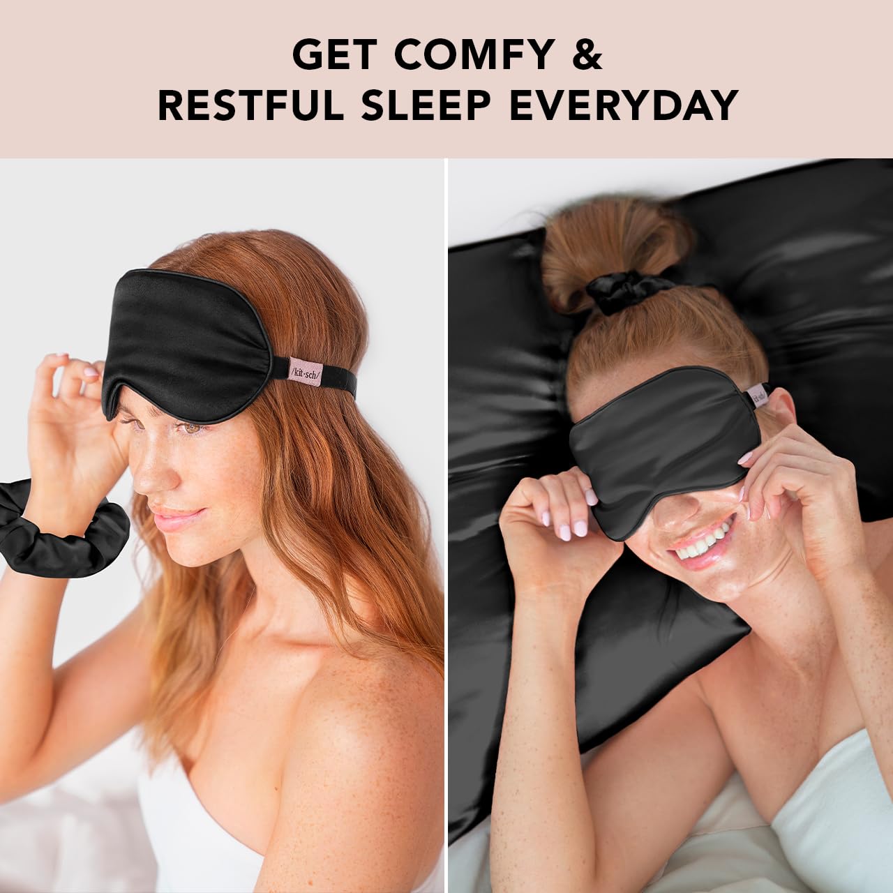 Kitsch Blackout Satin Sleep Mask, Softer Than Real Mulberry Silk Eye Cover, Soft Pressure Free Shade Blindfold for Puffy Eyes with Adjustable Straps, Weighted Eye Mask for Sleeping Women Men, Charcoal