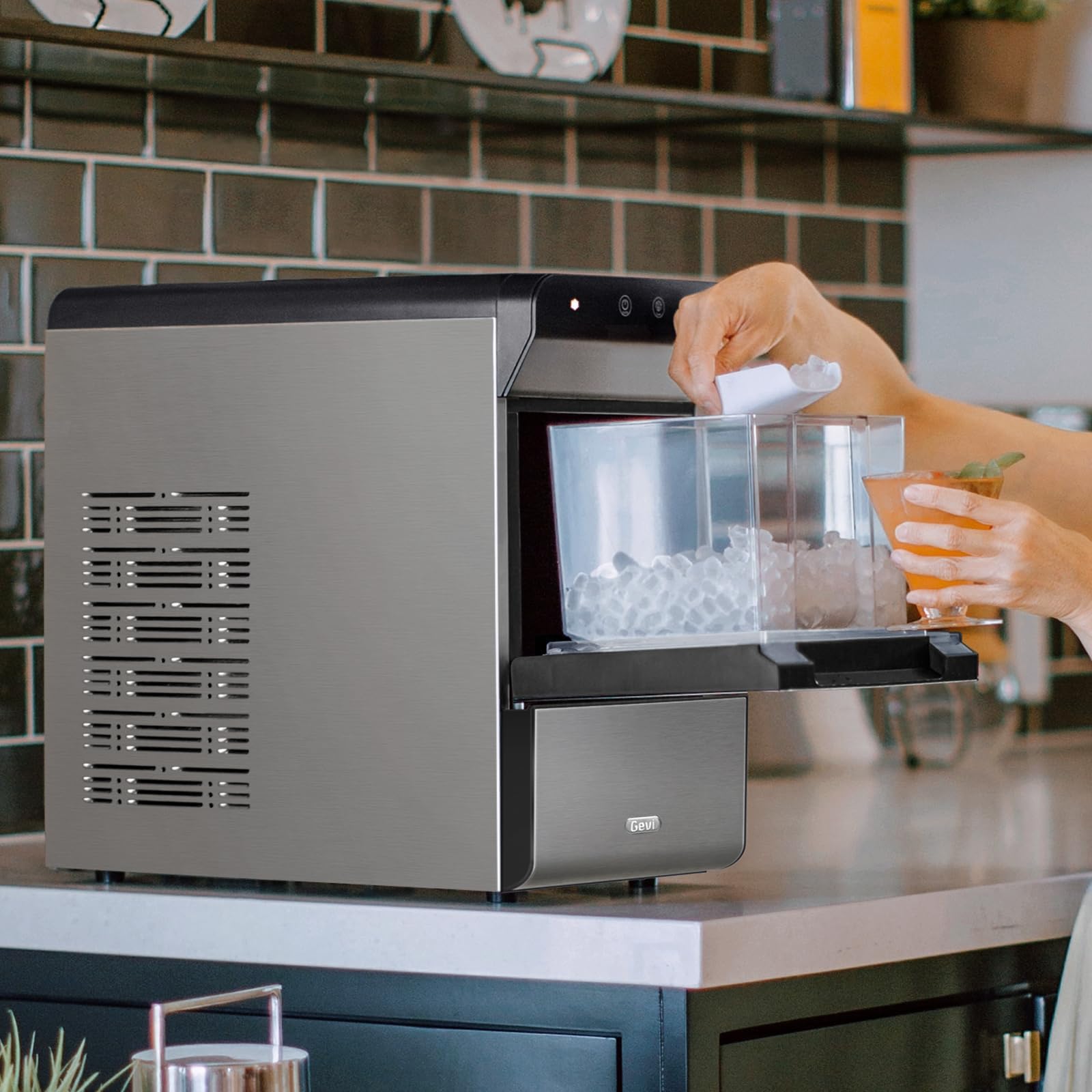 Gevi Household V2.0 Gemi Nugget Ice Maker Countertop Pellet Crushed Chewable Ice Machine with Self-Cleaning Open and Pour Water Refill for Kitchen Party Office Stainless Steel White