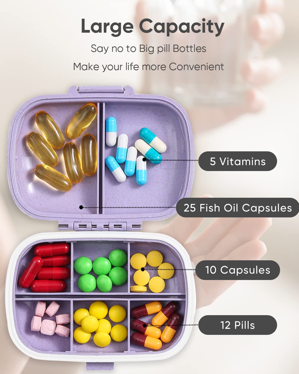 Holii Travel Pill Organizer, 8 Compartments Portable Pill Case, Daily Pill Box to Hold Vitamins, Small Pill Container for Pocket Purse Medicine Organizer(Khaki)