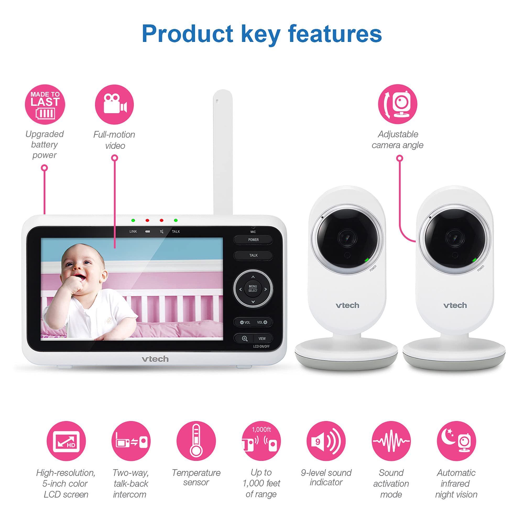 VTech VM819 Baby Monitor, 2.8” Screen, Night Vision, 2-Way Audio, Temperature Sensor and Lullabies, Secure Transmission No WiFi
