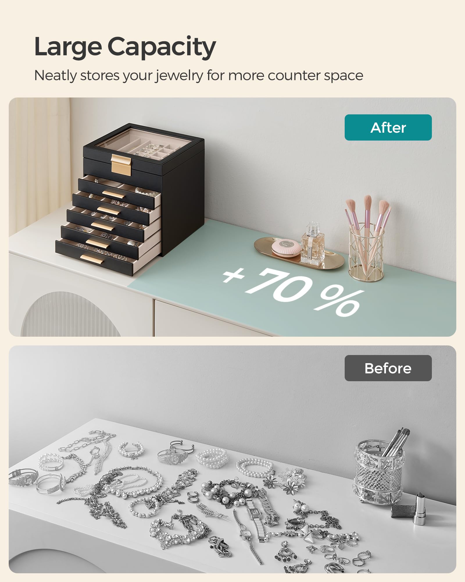 SONGMICS Jewelry Box with Glass Lid, 3-Layer Jewelry Organizer, 2 Drawers, for Big and Small Jewelry, Jewelry Storage, Modern Style, 8 x 9.1 x 5.3 Inches, Cloud White and Gold Color UJBC239WT