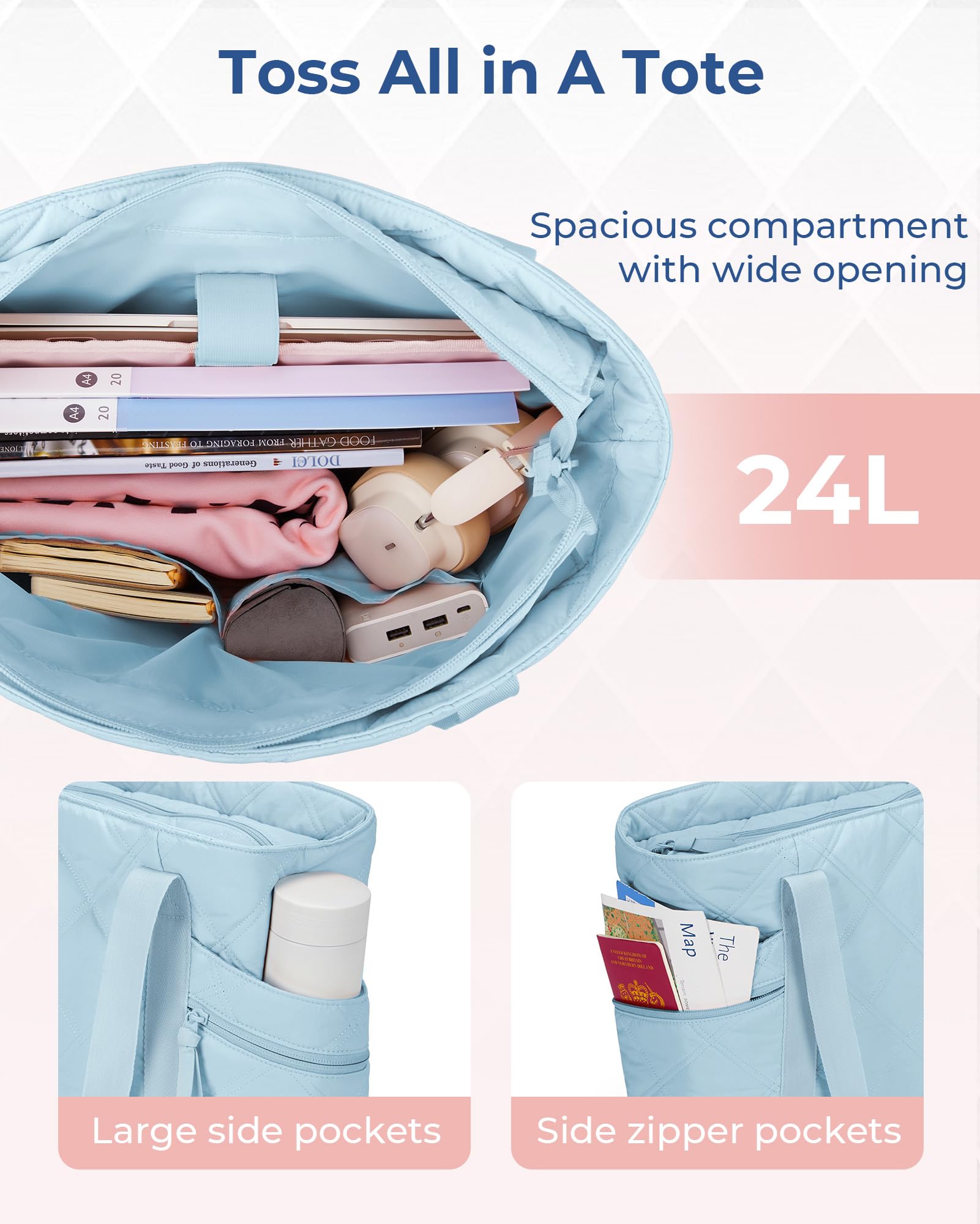 BAGSMART Tote Bag for Women, Puffer Tote Bags with Zipper, Travel Essentials Quilted Nurse Bag Carry On Bag Gifts for Women