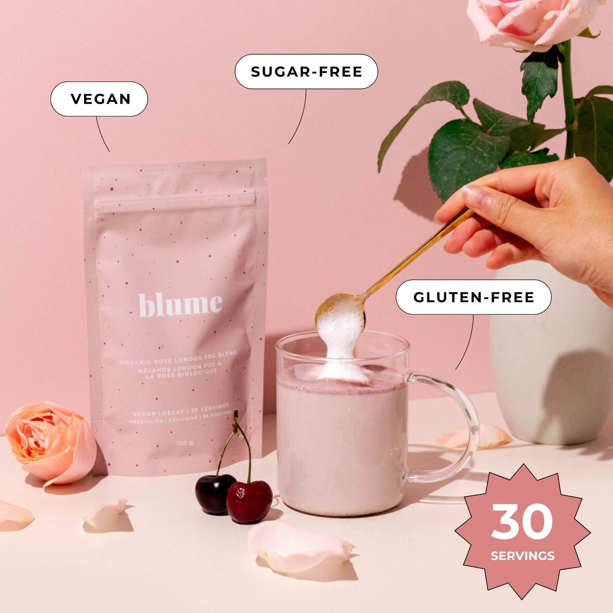 Blume Rose London Fog Latte with Zero Sugar or Caffeine - Certified Organic, Vegan and Gluten-Free - Tart Cherry & Rosehips blend rich Antioxidant & Vitamin to Ease Bloating and Boost Your Natural Glow - 30 Servings