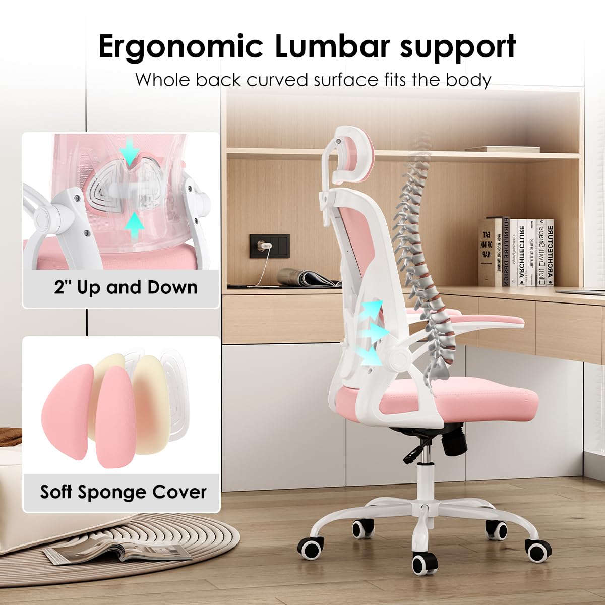 Farini Ergonomic Office Chair, Home Office Desk Chair with Headrest, High Back Computer Chair with Flip-up Armrests and Adjustable Lumbar Support for Home Office Study Bedroom, Khaki.