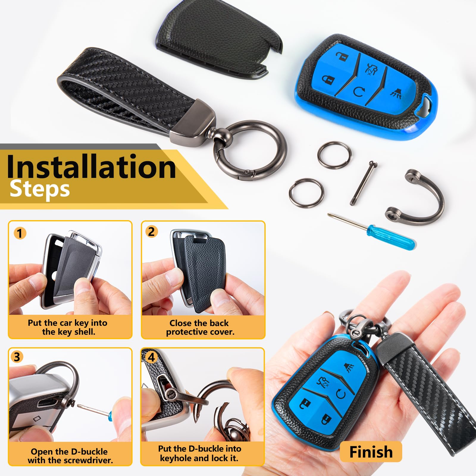 Cadillac Key Fob Cover with Metal Braided Rope Keychain, Upgraded Soft Key Case for 2015-2019 Escalade CTS SRX XT5 ATS STS CT6 (5 Button) (Gold Edge)