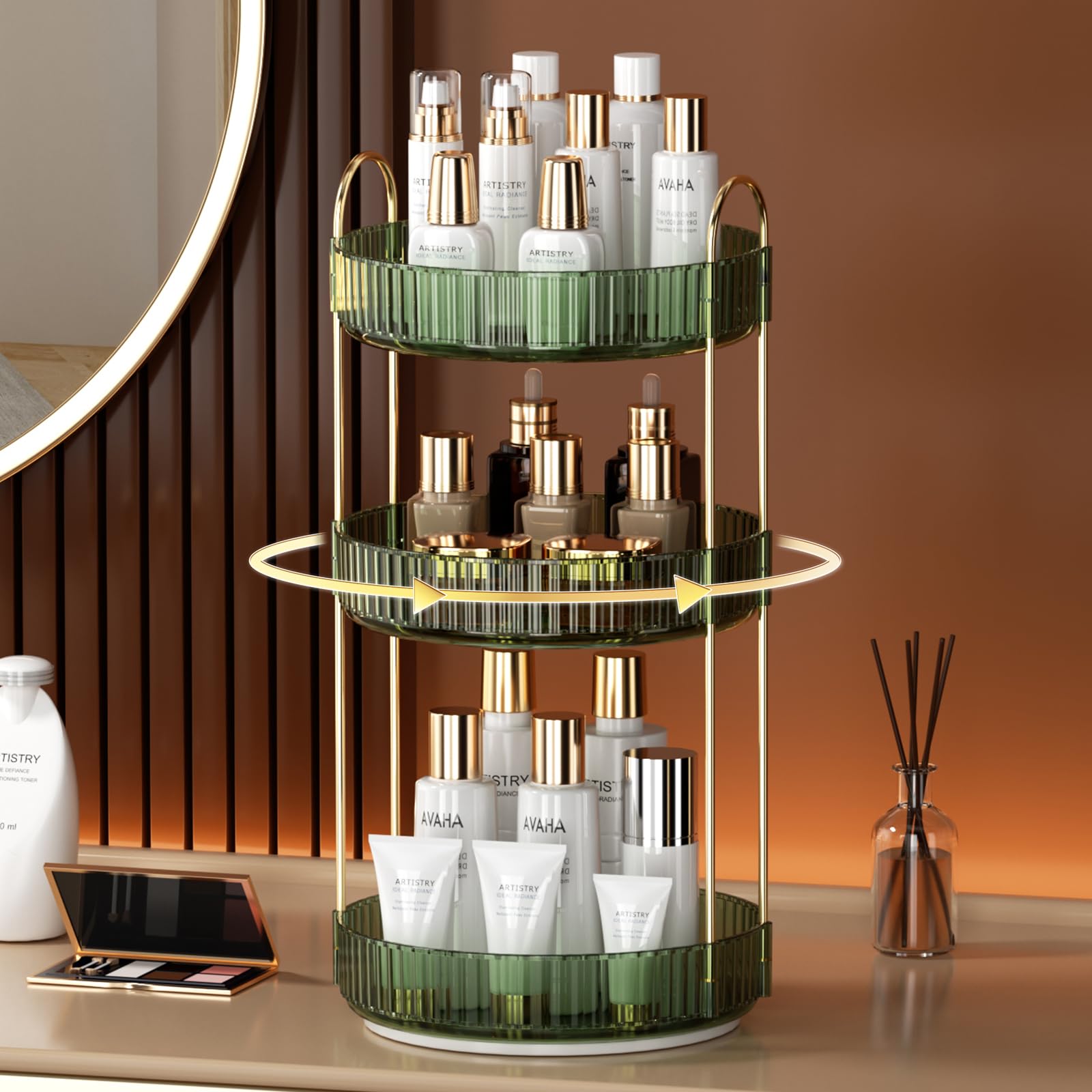 YCIA&DONE 360 Rotating Makeup Organizer and Storage for Vanity Bathroom Countertop, High Capacity Cosmetic Skincare Perfume Organizer for Dresser Lazy Susan Organizers(Clear White,2 Tiers)