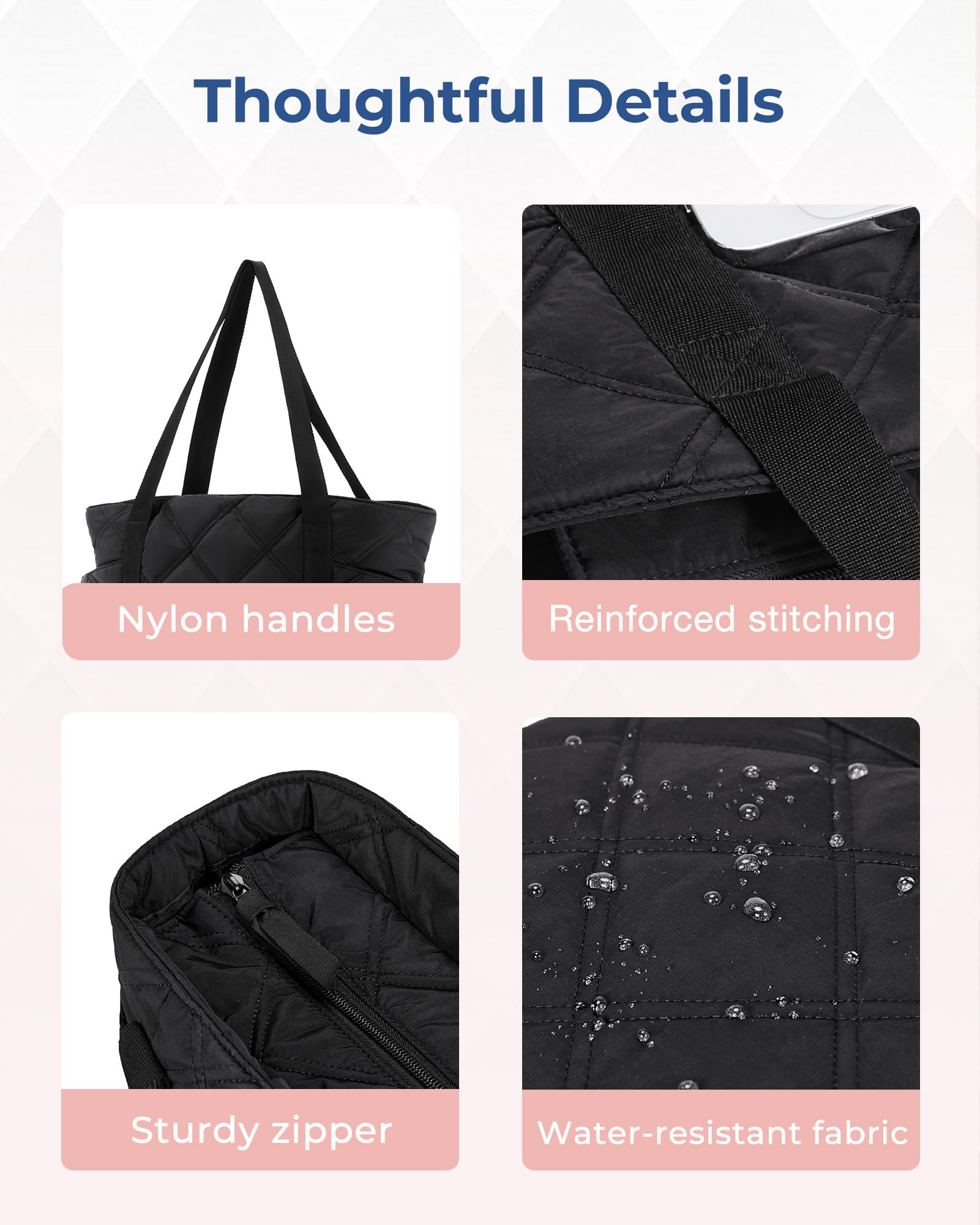 BAGSMART Tote Bag for Women, Puffer Tote Bags with Zipper, Travel Essentials Quilted Nurse Bag Carry On Bag Gifts for Women