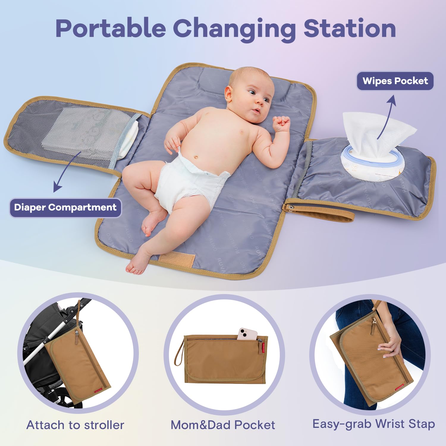 RUVALINO Diaper Bag Backpack, Multifunction Travel Pack Maternity Baby Changing Bags, Large Capacity, Waterproof, Beige