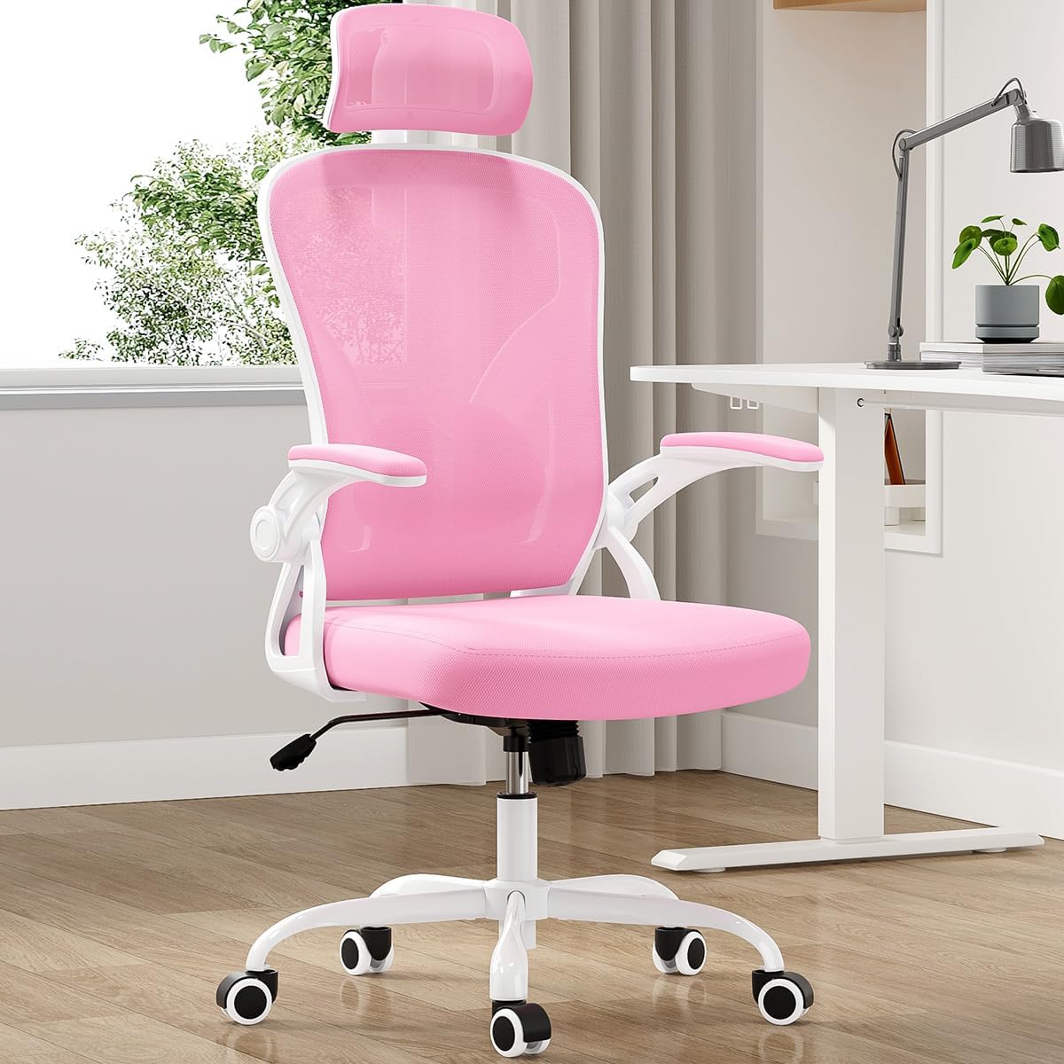 Farini Ergonomic Office Chair, Home Office Desk Chair with Headrest, High Back Computer Chair with Flip-up Armrests and Adjustable Lumbar Support for Home Office Study Bedroom, Khaki.