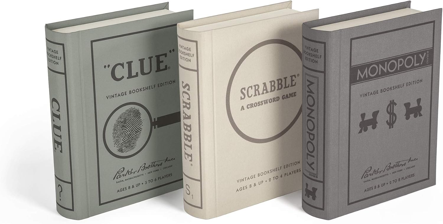Scrabble, Monopoly, and Clue Vintage Board Game Bookshelf Collection