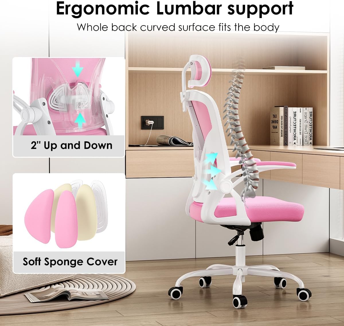 Farini Ergonomic Office Chair, Home Office Desk Chair with Headrest, High Back Computer Chair with Flip-up Armrests and Adjustable Lumbar Support for Home Office Study Bedroom, Khaki.