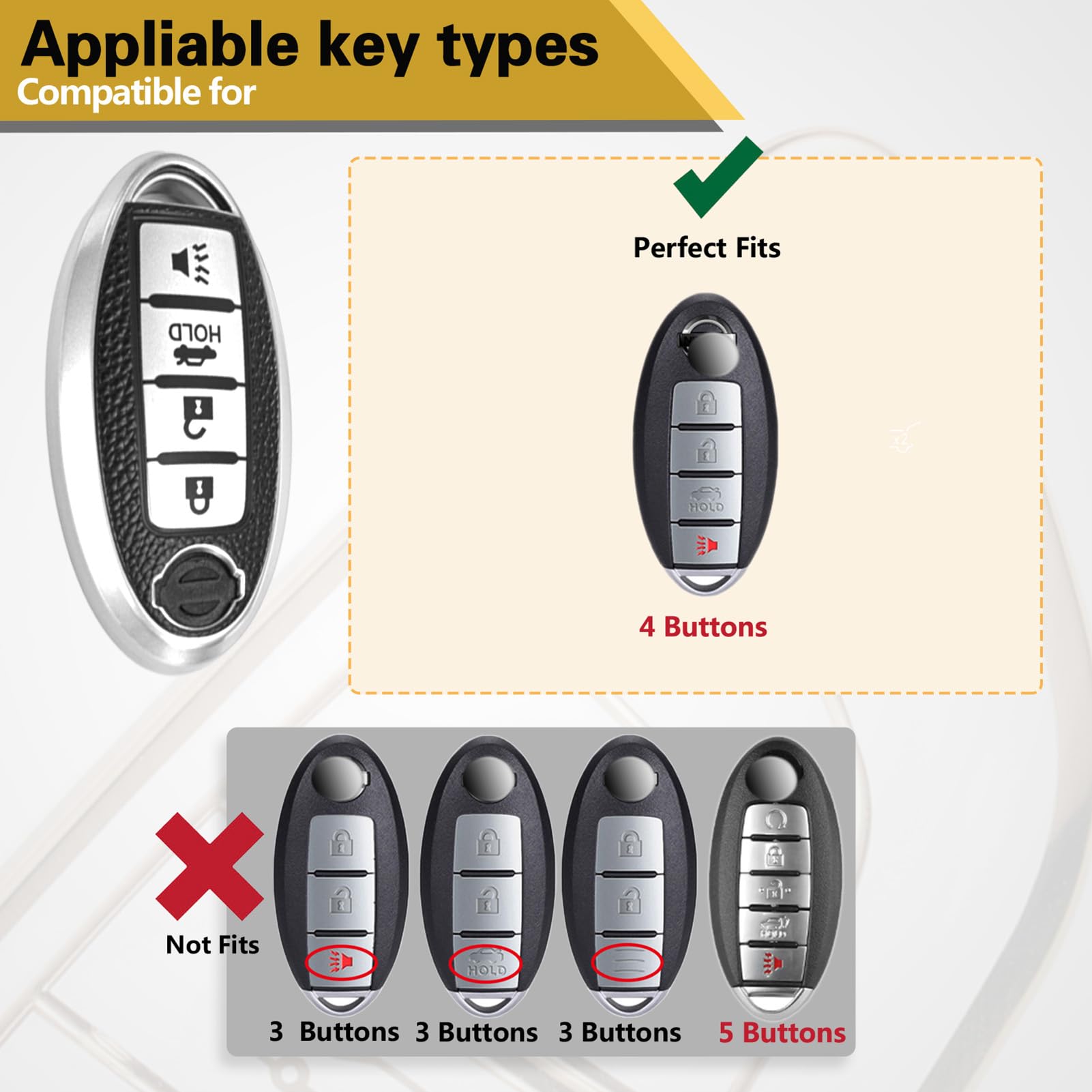 Cadillac Key Fob Cover with Metal Braided Rope Keychain, Upgraded Soft Key Case for 2015-2019 Escalade CTS SRX XT5 ATS STS CT6 (5 Button) (Gold Edge)