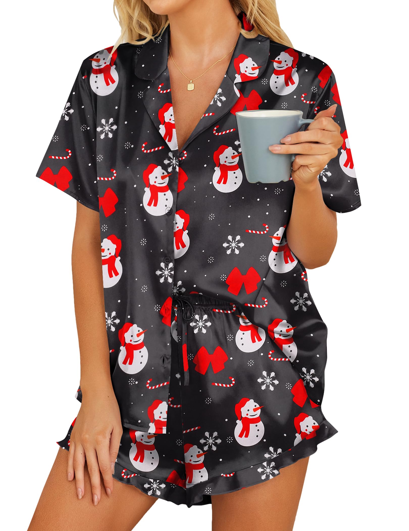 HOTOUCH Womens Satin Pajamas Set Button Down 2 Piece Silk Pjs Shorts Set Ruffle Lingerie Notch Collar Sleepwear