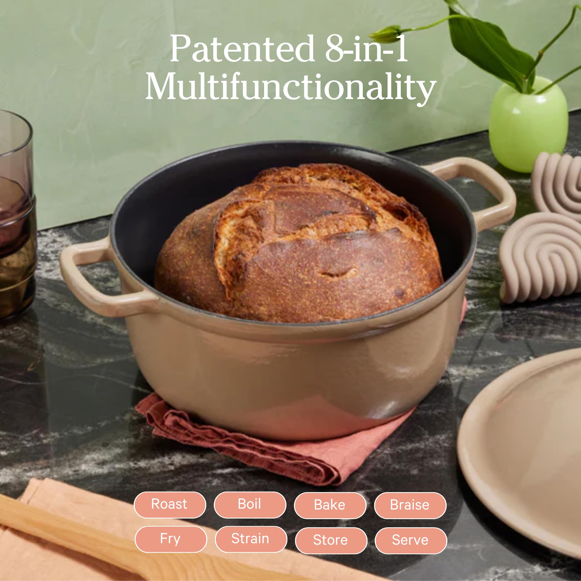 Our Place Cast Iron Perfect Pot | 6-in-1 Multifunctional 5.5 Qt. Toxin-Free Enameled Dutch Oven with Self-Basting Lid | Hot Grips & Beechwood Scraper | Induction Cooktop and Oven Safe | Spice